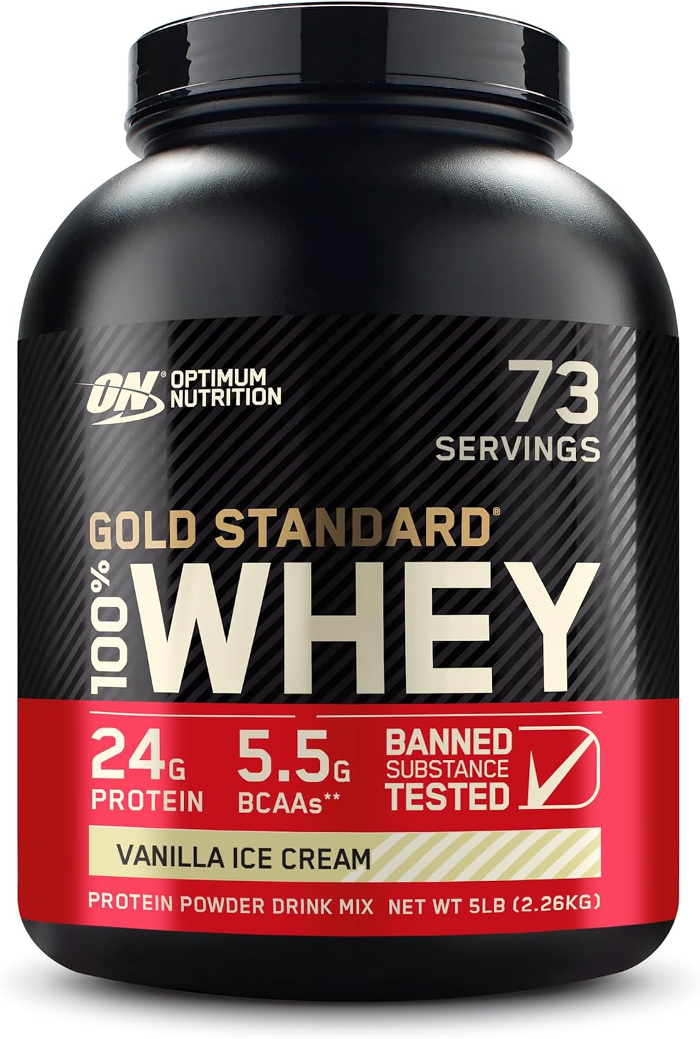 پودر پروتئین وی اپتیموم نوتریشن مدل Gold Standard 100% Whey، ۲۴ گرم پروتئین، ۲.۲۷ کیلوگرم و طعم بستنی وانیلی