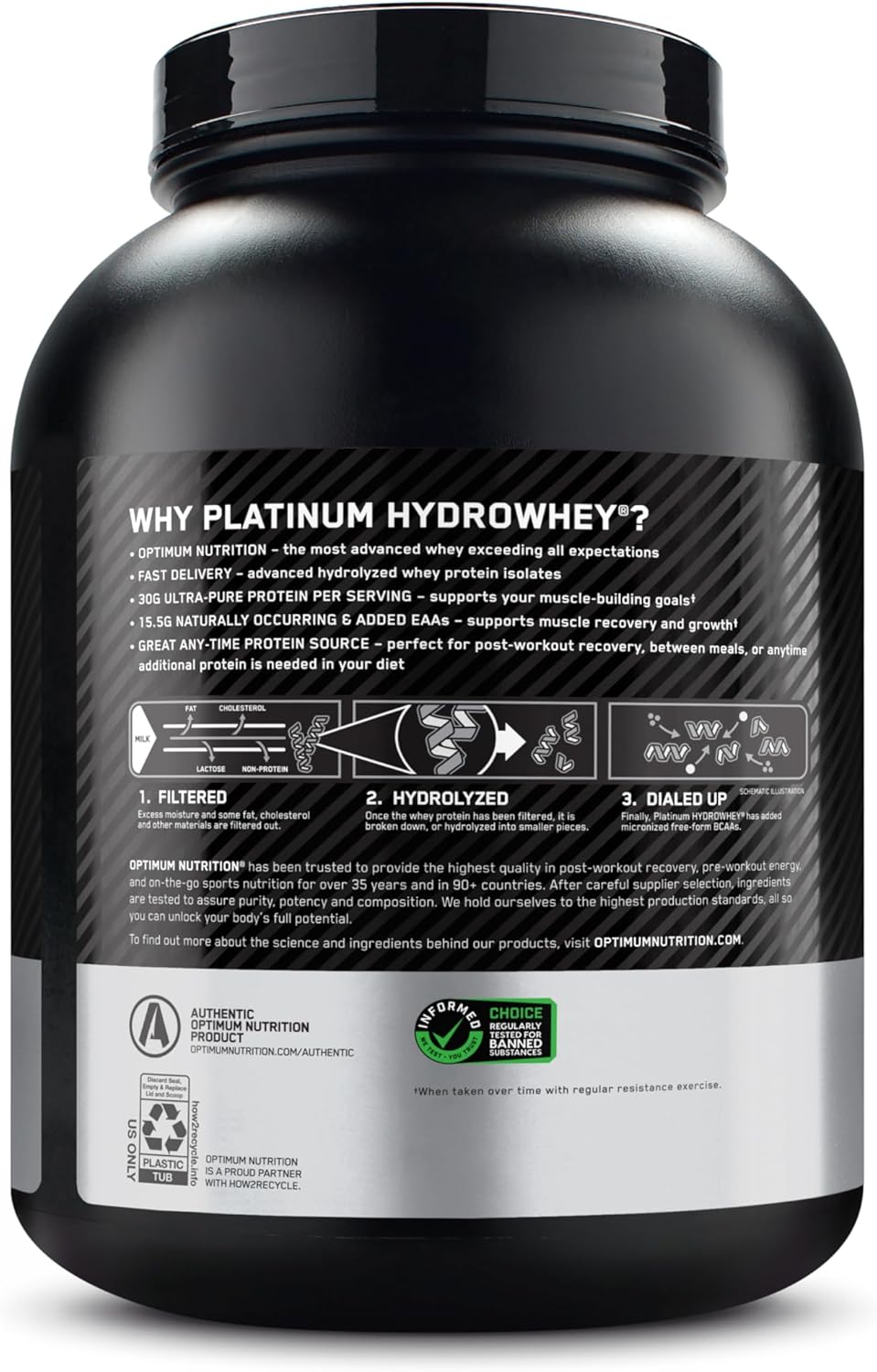پودر پروتئین وی ایزوله اپتیموم نوتریشن مدل Platinum Hydrowhey، ۳۰ گرم پروتئین در هر سروینگ، ۱٫۶۴ کیلوگرم، طعم شکلاتی