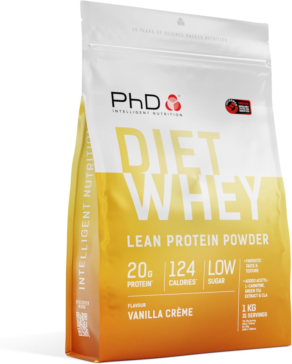 پودر پروتئین وی پی‌اچ‌دی مدل Diet Whey، ۱۶ گرم پروتئین در هر سروینگ، ۱ کیلوگرم، طعم کرم وانیل