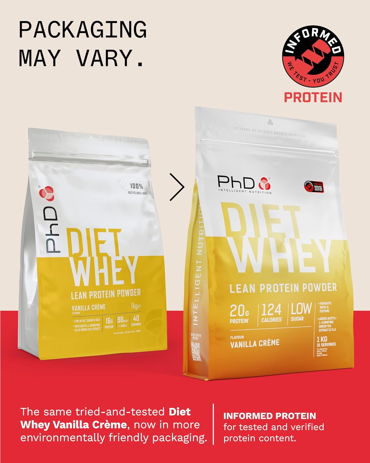پودر پروتئین وی پی‌اچ‌دی مدل Diet Whey، ۱۶ گرم پروتئین در هر سروینگ، ۱ کیلوگرم، طعم کرم وانیل