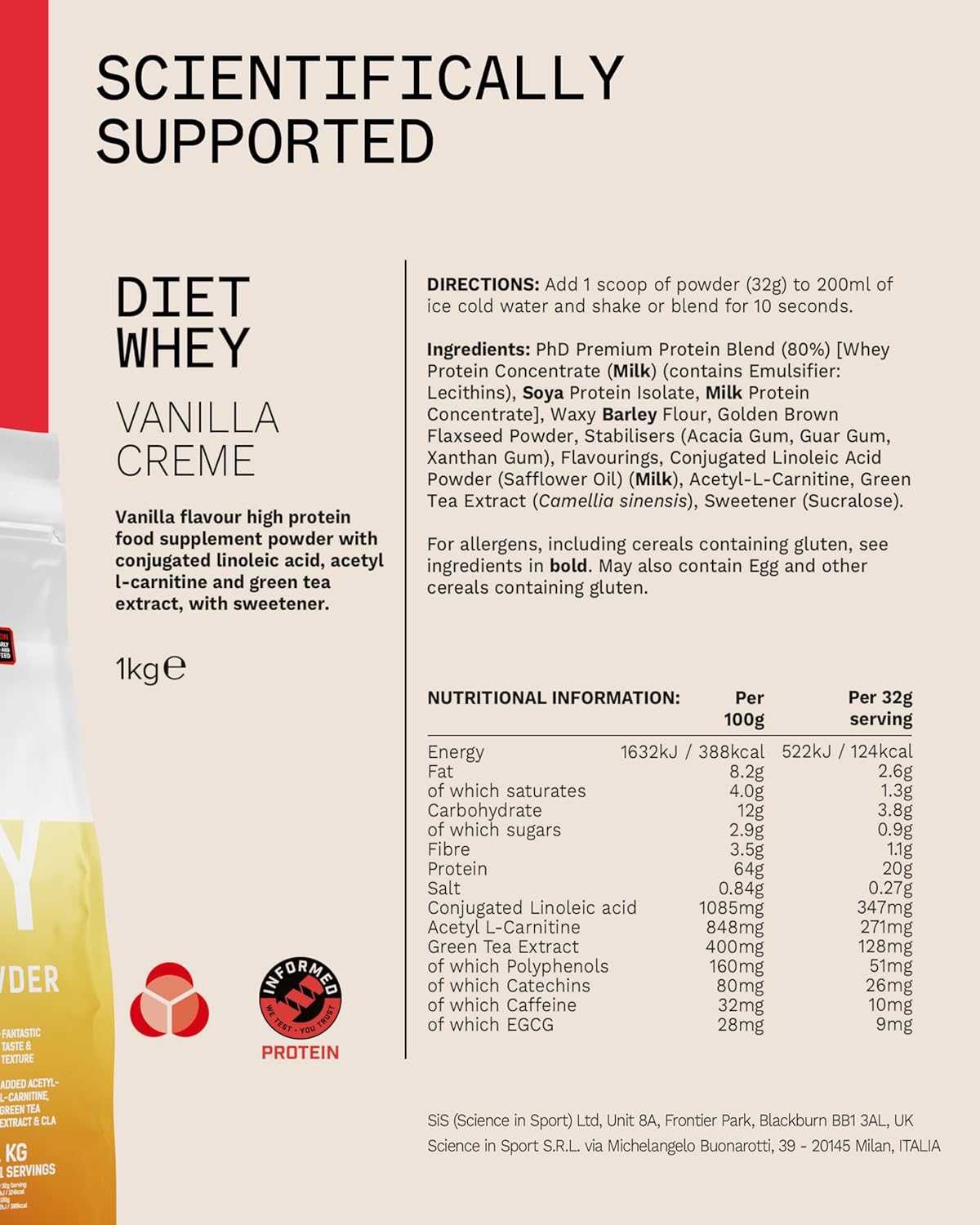پودر پروتئین وی پی‌اچ‌دی مدل Diet Whey، ۱۶ گرم پروتئین در هر سروینگ، ۱ کیلوگرم، طعم کرم وانیل