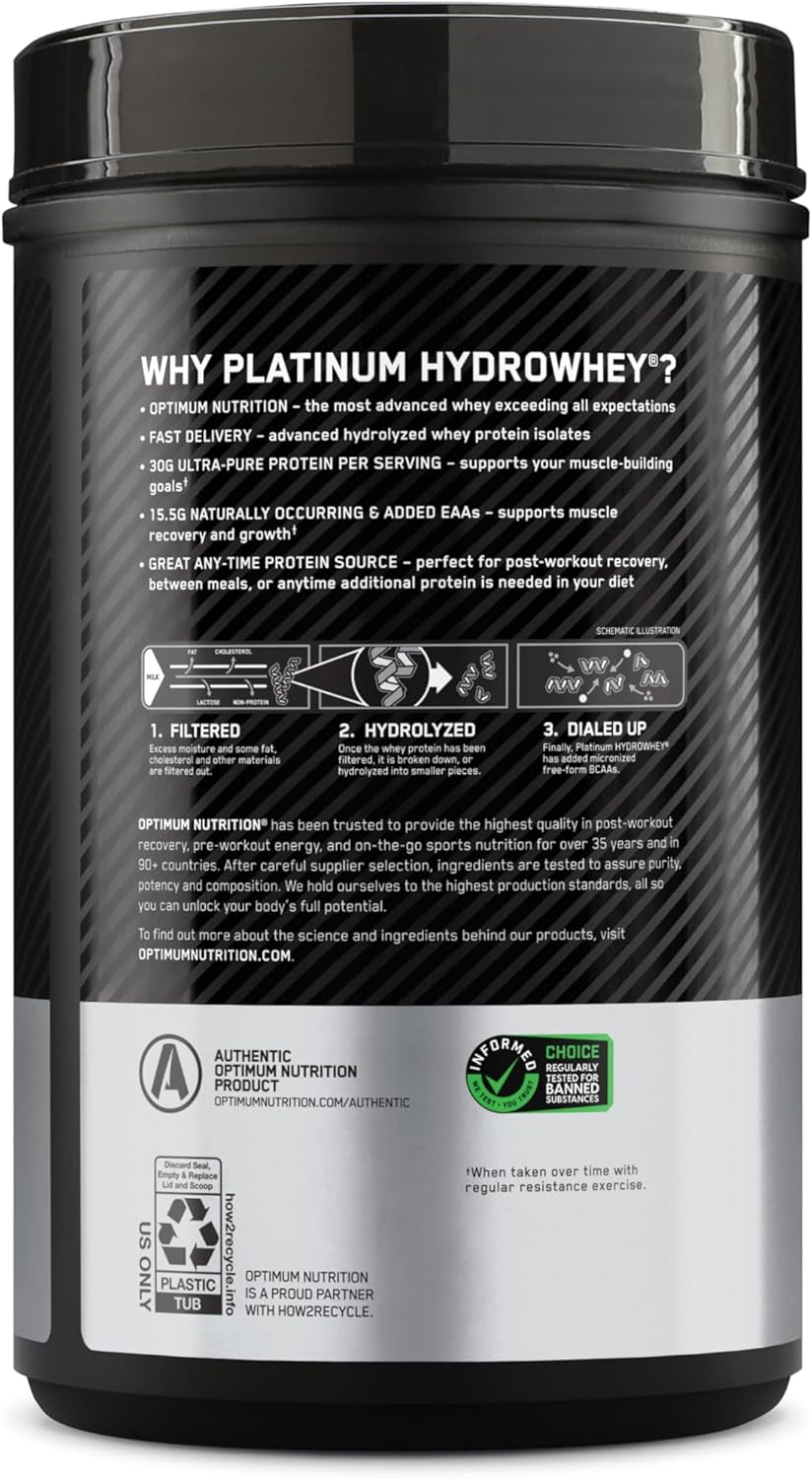 پودر پروتئین وی ایزوله اپتیموم نوتریشن مدل Platinum Hydrowhey، ۳۰ گرم پروتئین در هر سروینگ، ۸۲۰ گرم، طعم شکلاتی