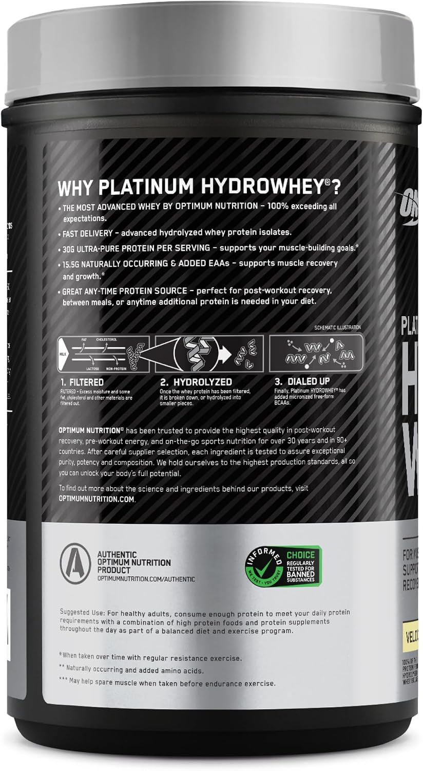 پودر پروتئین وی ایزوله اپتیموم نوتریشن مدل Platinum Hydrowhey، ۳۰ گرم پروتئین در هر سروینگ، ۸۲۰ گرم، طعم شکلاتی