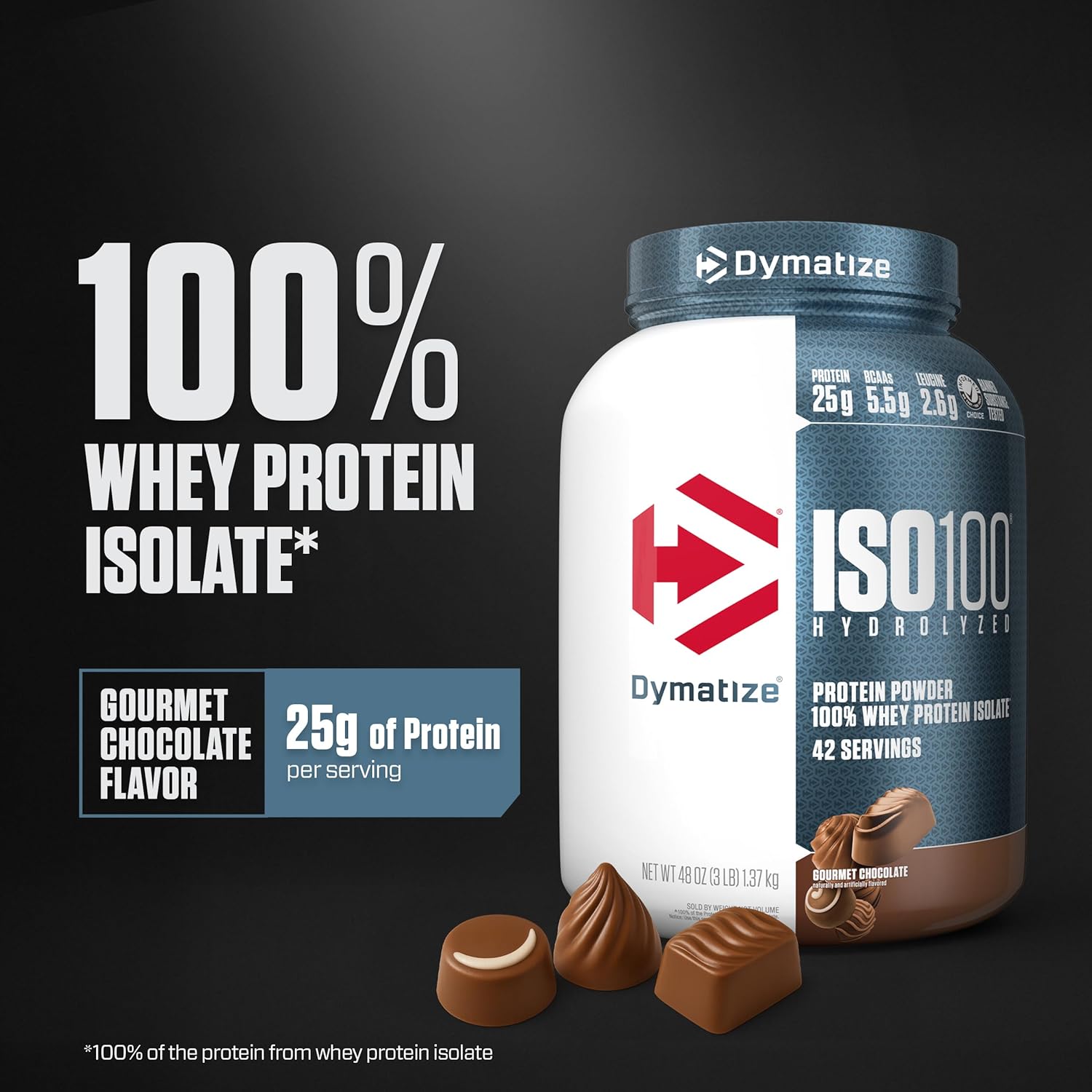 پودر پروتئین وی ایزوله دایماتایز مدل ISO 100، ۲۵ گرم پروتئین در هر سروینگ، ۱٫۳۶ کیلوگرم، طعم شکلات گورمت