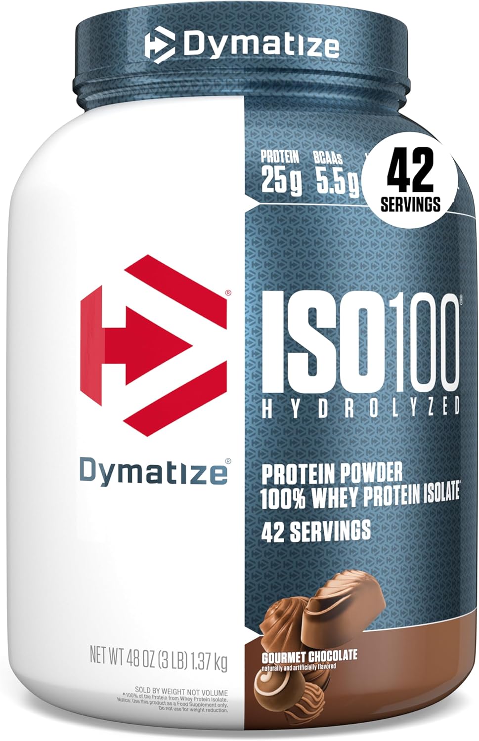 پودر پروتئین وی ایزوله دایماتایز مدل ISO 100، ۲۵ گرم پروتئین در هر سروینگ، ۱٫۳۶ کیلوگرم، طعم شکلات گورمت