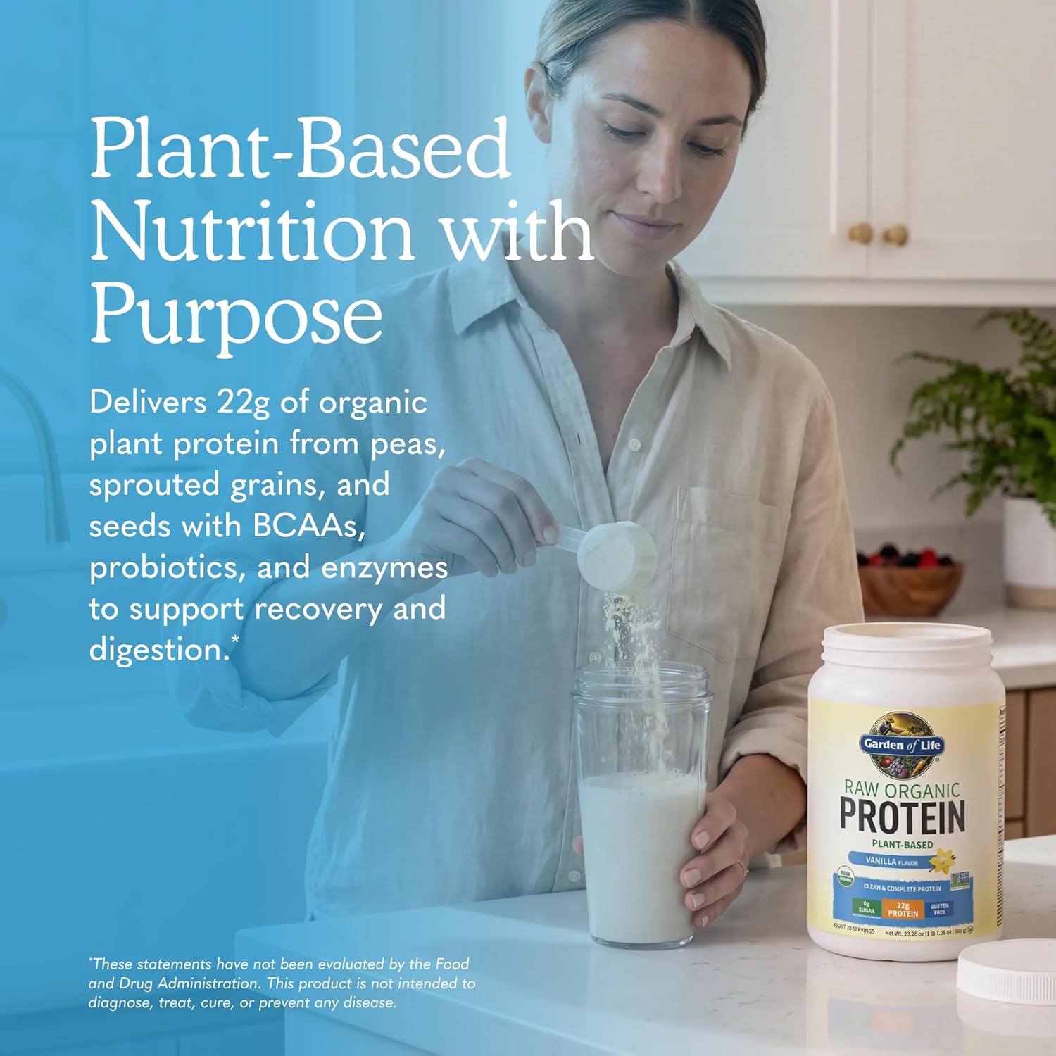 پودر پروتئین گیاهی گاردن آو لایف مدل Raw Organic Protein، ۲۲ گرم پروتئین در هر سروینگ، ۲۰ سروینگ، طعم وانیلی
