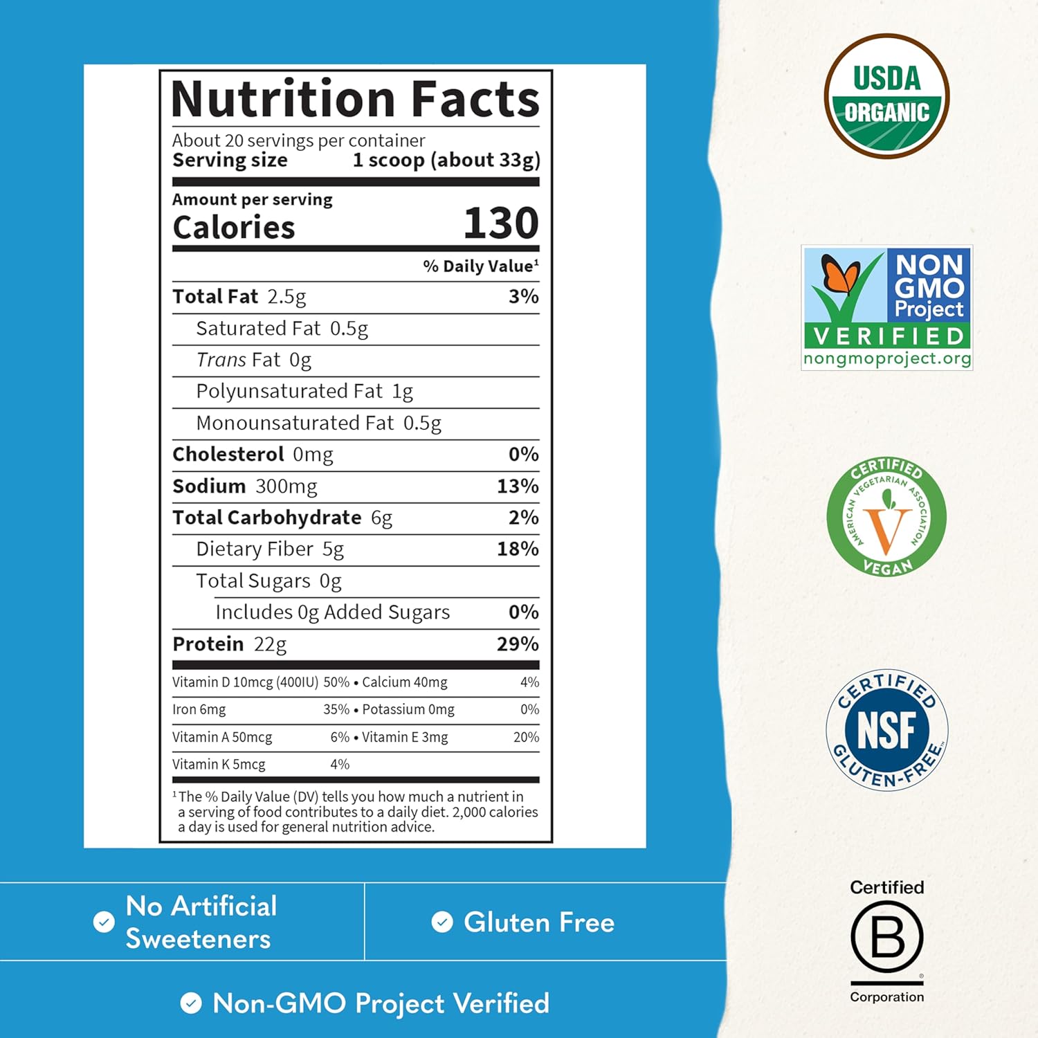 پودر پروتئین گیاهی گاردن آو لایف مدل Raw Organic Protein، ۲۲ گرم پروتئین در هر سروینگ، ۲۰ سروینگ، طعم وانیلی