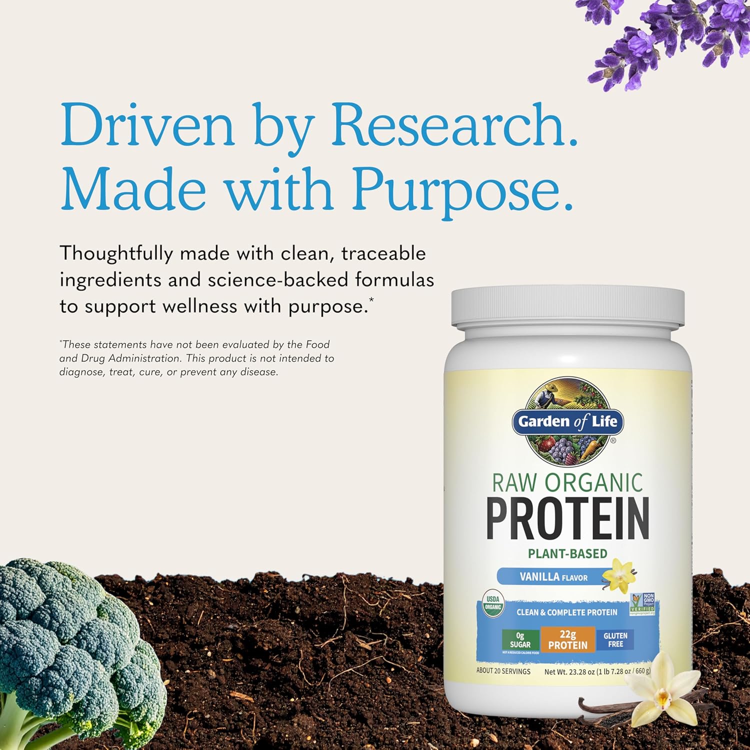 پودر پروتئین گیاهی گاردن آو لایف مدل Raw Organic Protein، ۲۲ گرم پروتئین در هر سروینگ، ۲۰ سروینگ، طعم وانیلی