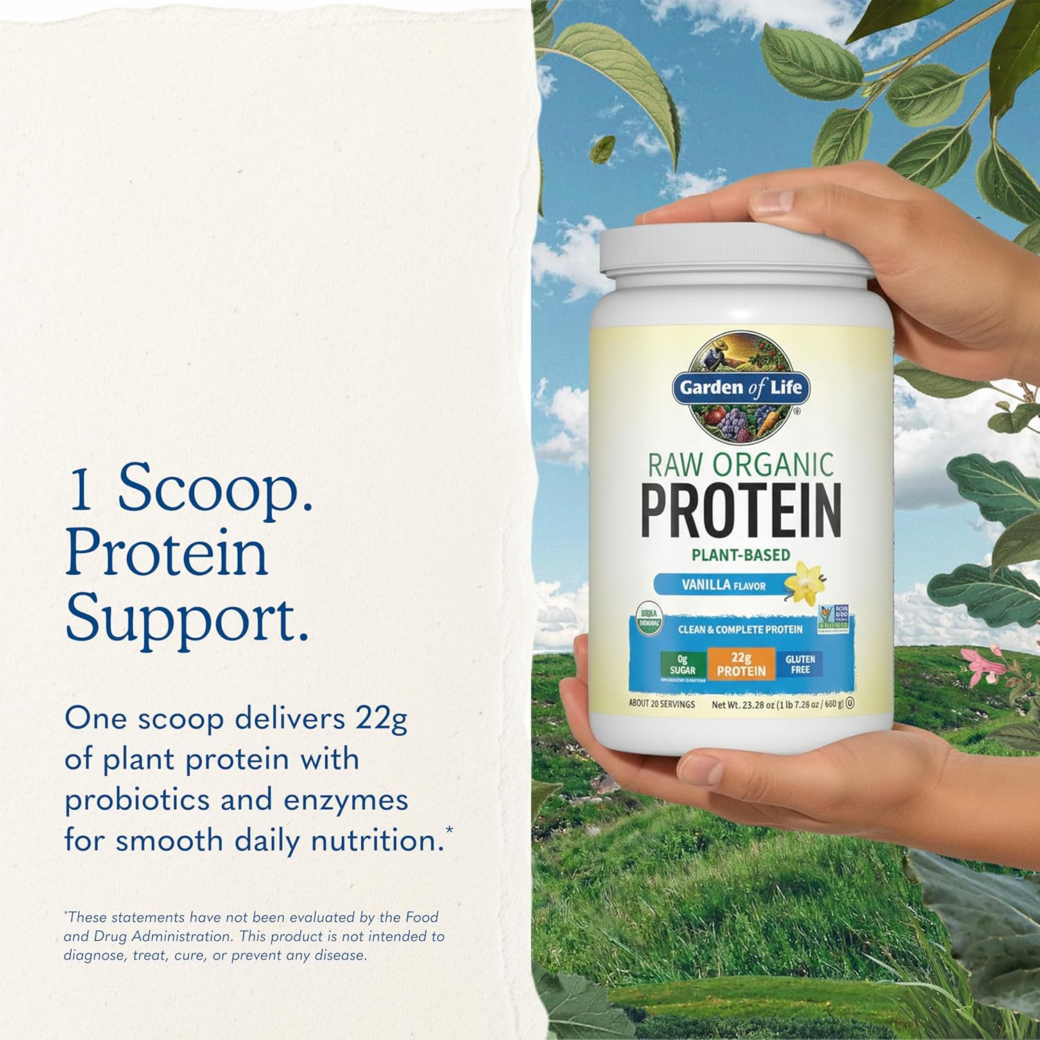 پودر پروتئین گیاهی گاردن آو لایف مدل Raw Organic Protein، ۲۲ گرم پروتئین در هر سروینگ، ۲۰ سروینگ، طعم وانیلی