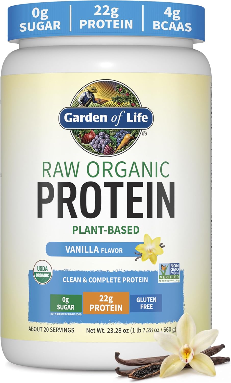 پودر پروتئین گیاهی گاردن آو لایف مدل Raw Organic Protein، ۲۲ گرم پروتئین در هر سروینگ، ۲۰ سروینگ، طعم وانیلی