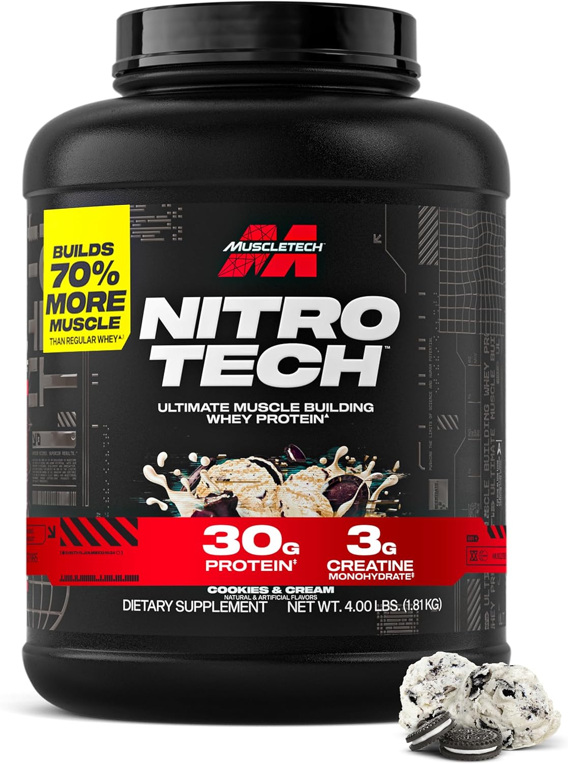 پودر پروتئین وی ایزوله ماسل‌تک مدل Nitro-Tech، ۳۰ گرم پروتئین، ۱.۸۱ کیلوگرم و طعم کوکی و کرم