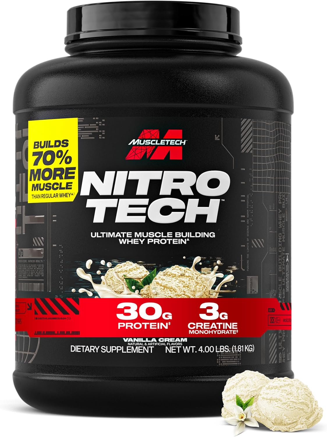 پودر پروتئین وی ایزوله ماسلتک مدل Nitro-Tech، ۳۰ گرم پروتئین در هر سروینگ، ۱٫۸۱ کیلوگرم، طعم کرم وانیل