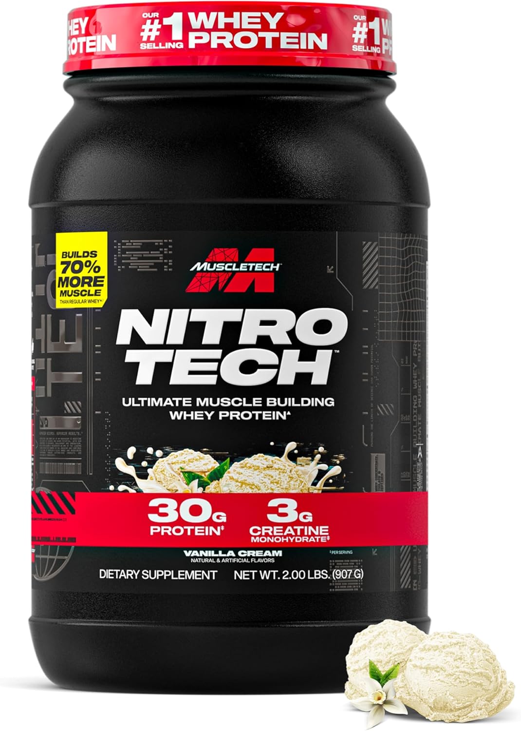 پودر پروتئین وی ایزوله ماسلتک مدل NitroTech، ۹۹۸ گرم، طعم کرم وانیل، حاوی BCAA