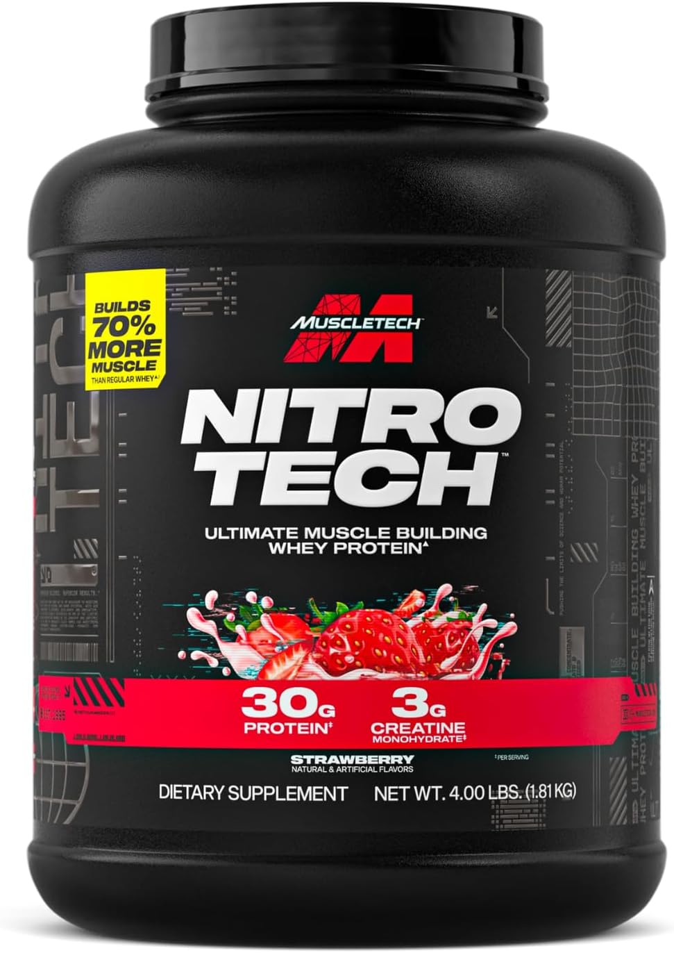 پودر پروتئین وی ایزوله ماسلتک مدل Nitro-Tech، ۳۰ گرم پروتئین در هر سروینگ، ۱٫۸۱ کیلوگرم، طعم توت‌فرنگی