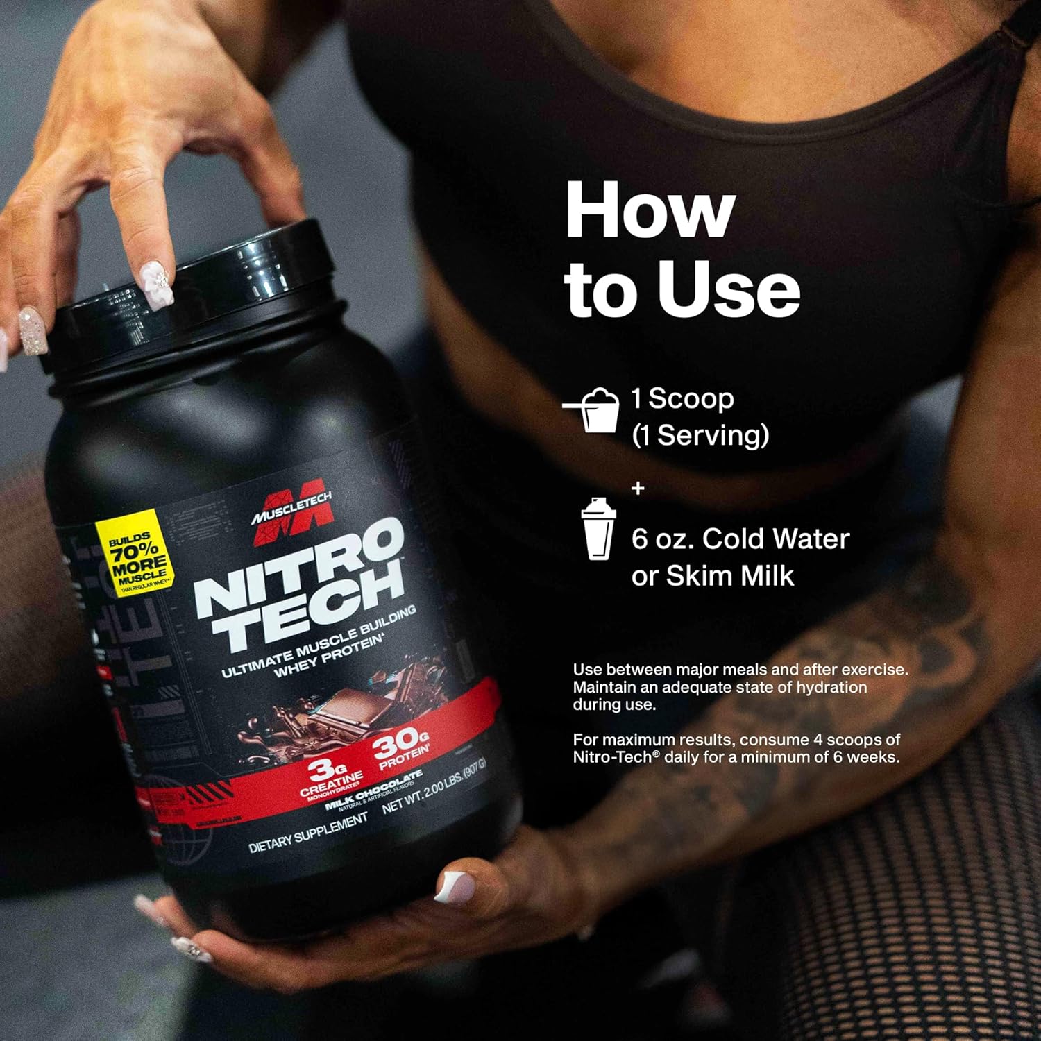 پودر پروتئین وی ایزوله ماسلتک مدل NitroTech، ۱٫۸۱ کیلوگرم، طعم شکلات شیری، حاوی BCAA