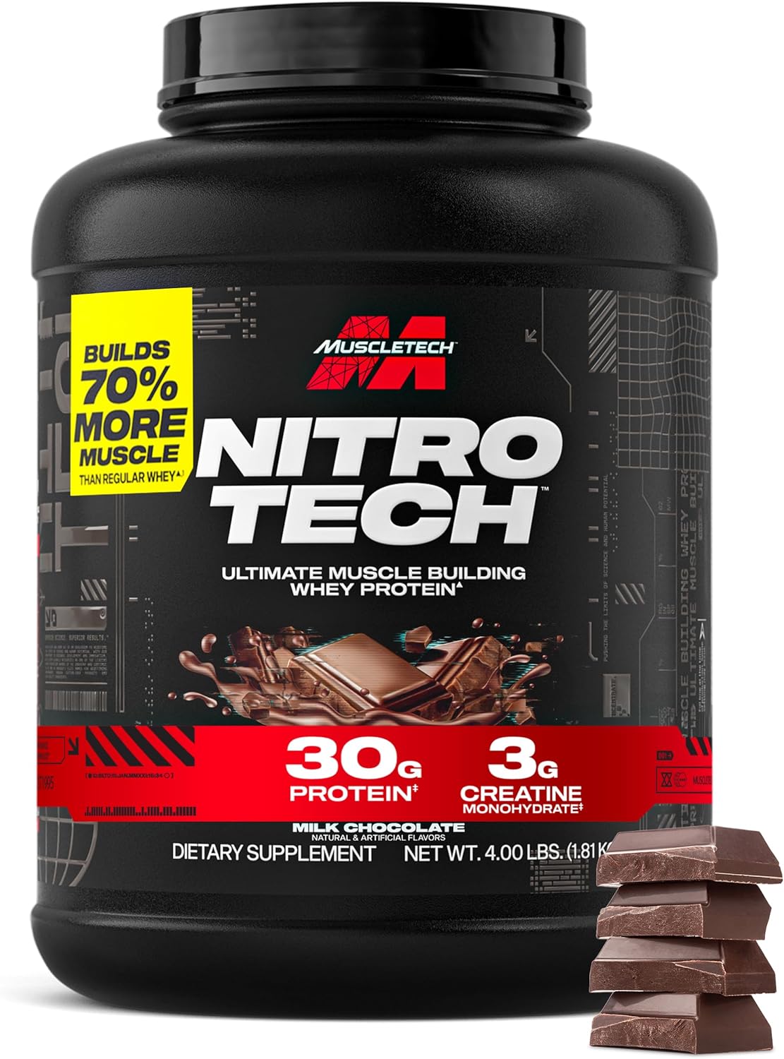 پودر پروتئین وی ایزوله ماسلتک مدل NitroTech، ۱٫۸۱ کیلوگرم، طعم شکلات شیری، حاوی BCAA