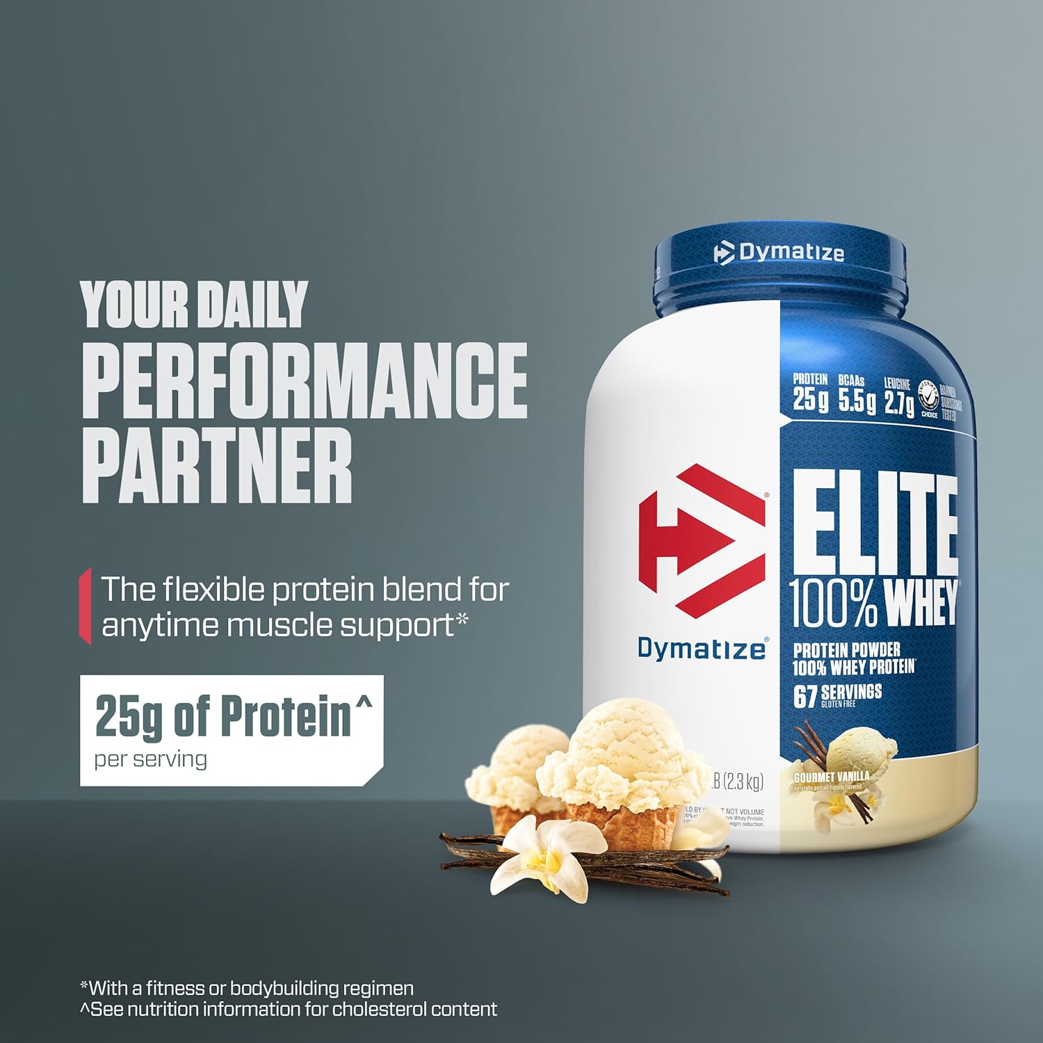 پودر پروتئین وی دایماتایز مدل Elite 100% Whey، ۲٫۲۷ کیلوگرم، طعم وانیل گورمت، بدون گلوتن