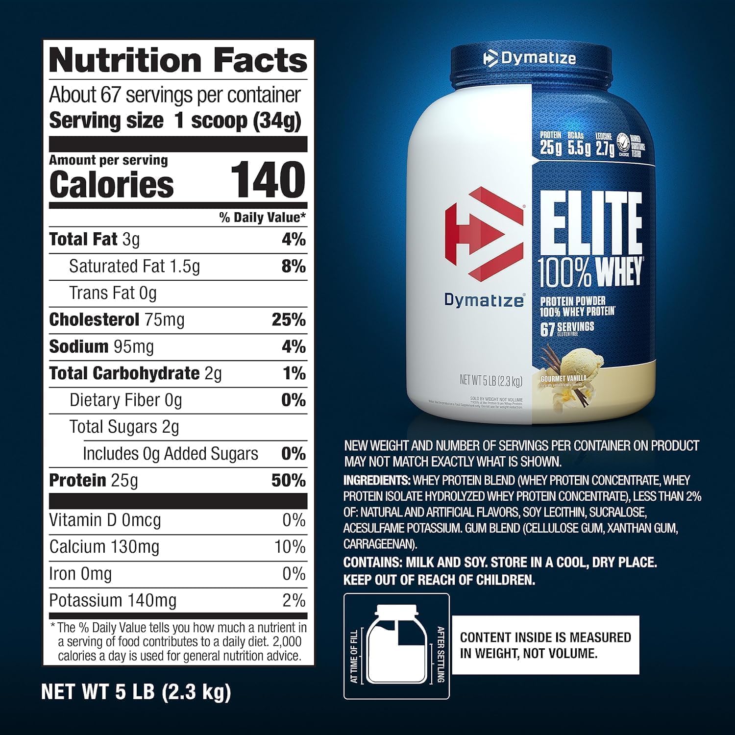پودر پروتئین وی دایماتایز مدل Elite 100% Whey، ۲٫۲۷ کیلوگرم، طعم وانیل گورمت، بدون گلوتن