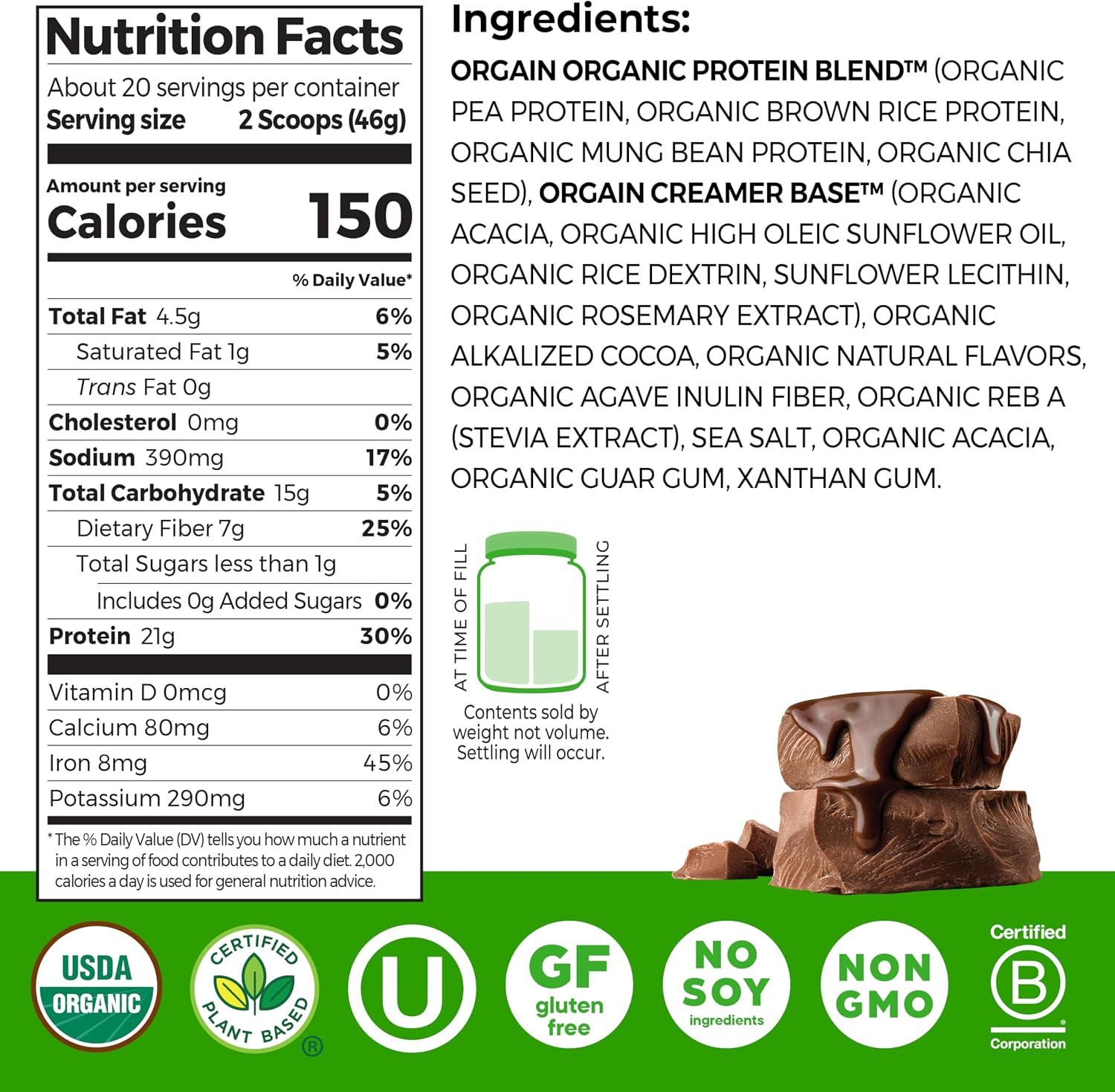 پودر پروتئین گیاهی اورگین مدل NA1 Organic Protein Plant Based، ۹۲۰ گرم و طعم فاج شکلاتی