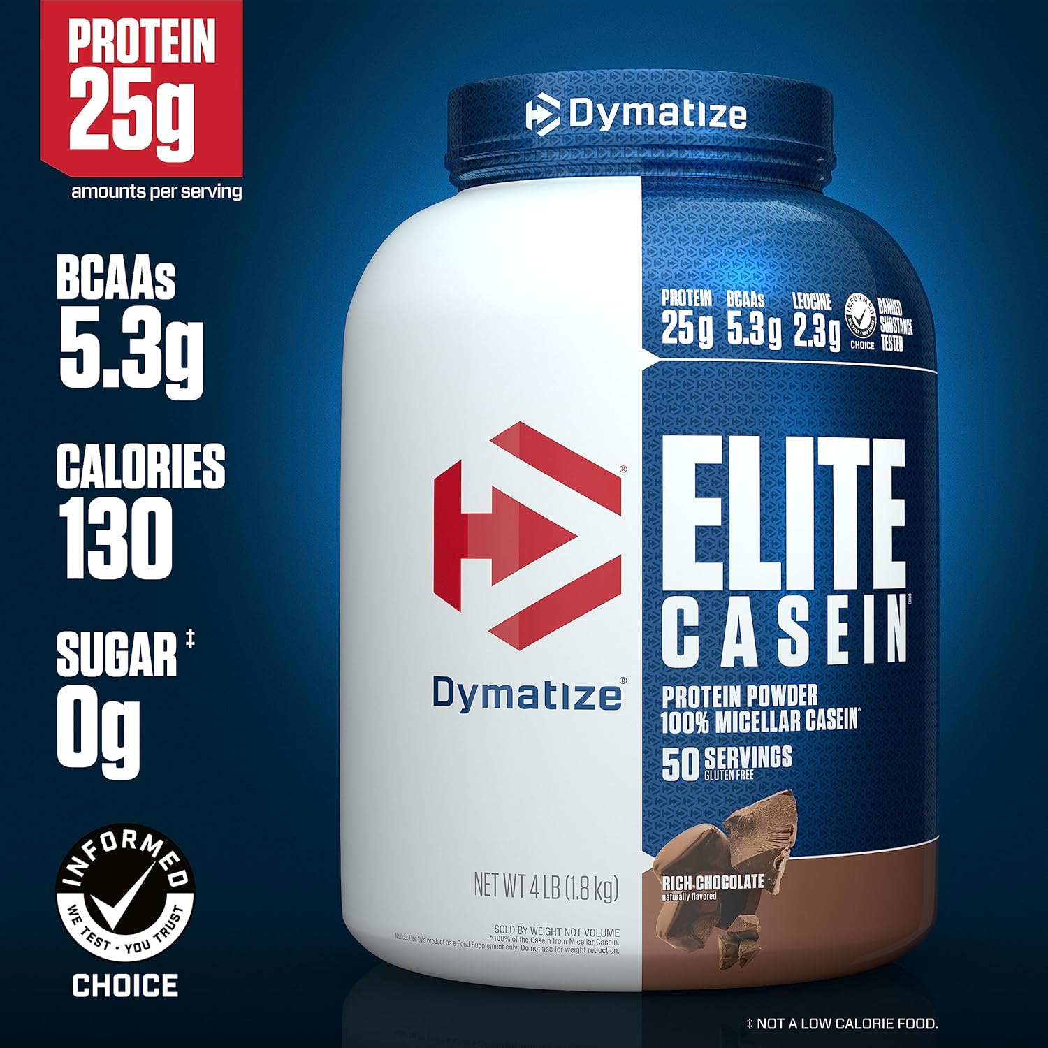 پودر پروتئین کازئین دایماتایز مدل Elite Casein، ۲۵ گرم پروتئین در هر سروینگ، ۱٫۸ کیلوگرم، طعم شکلات غلیظ