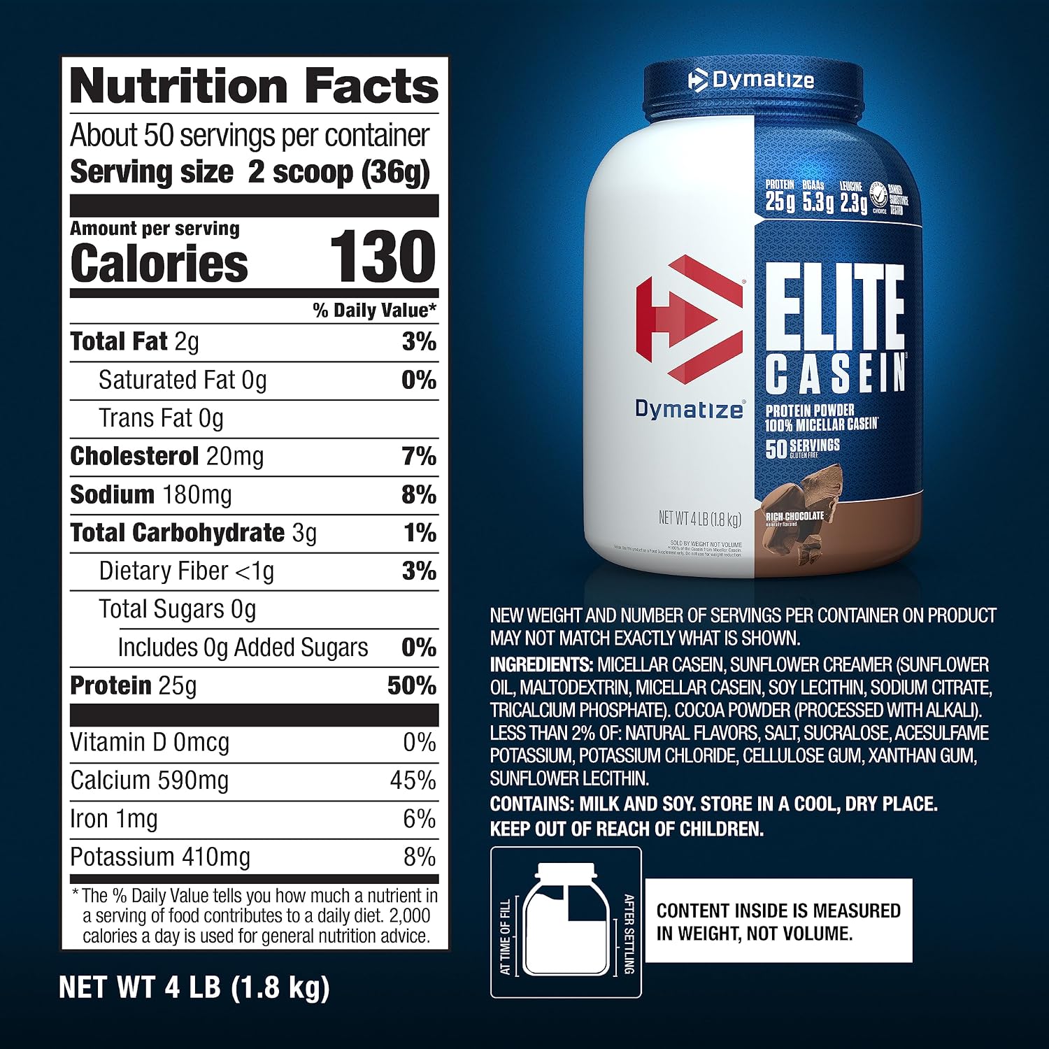 پودر پروتئین کازئین دایماتایز مدل Elite Casein، ۲۵ گرم پروتئین در هر سروینگ، ۱٫۸ کیلوگرم، طعم شکلات غلیظ