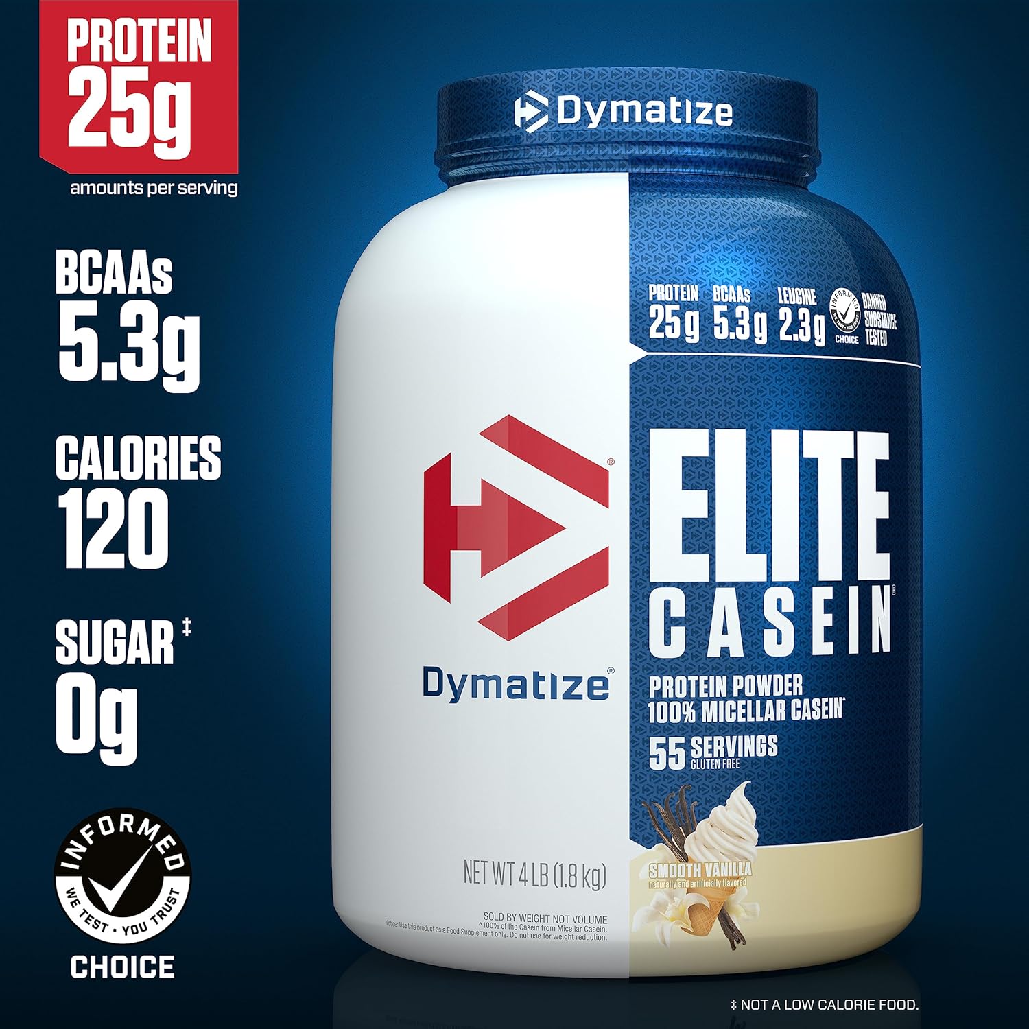 پودر پروتئین کازئین دایماتایز مدل Elite Casein، ۲۵ گرم پروتئین در هر سروینگ، ۱٫۸۱ کیلوگرم، طعم وانیل ملایم