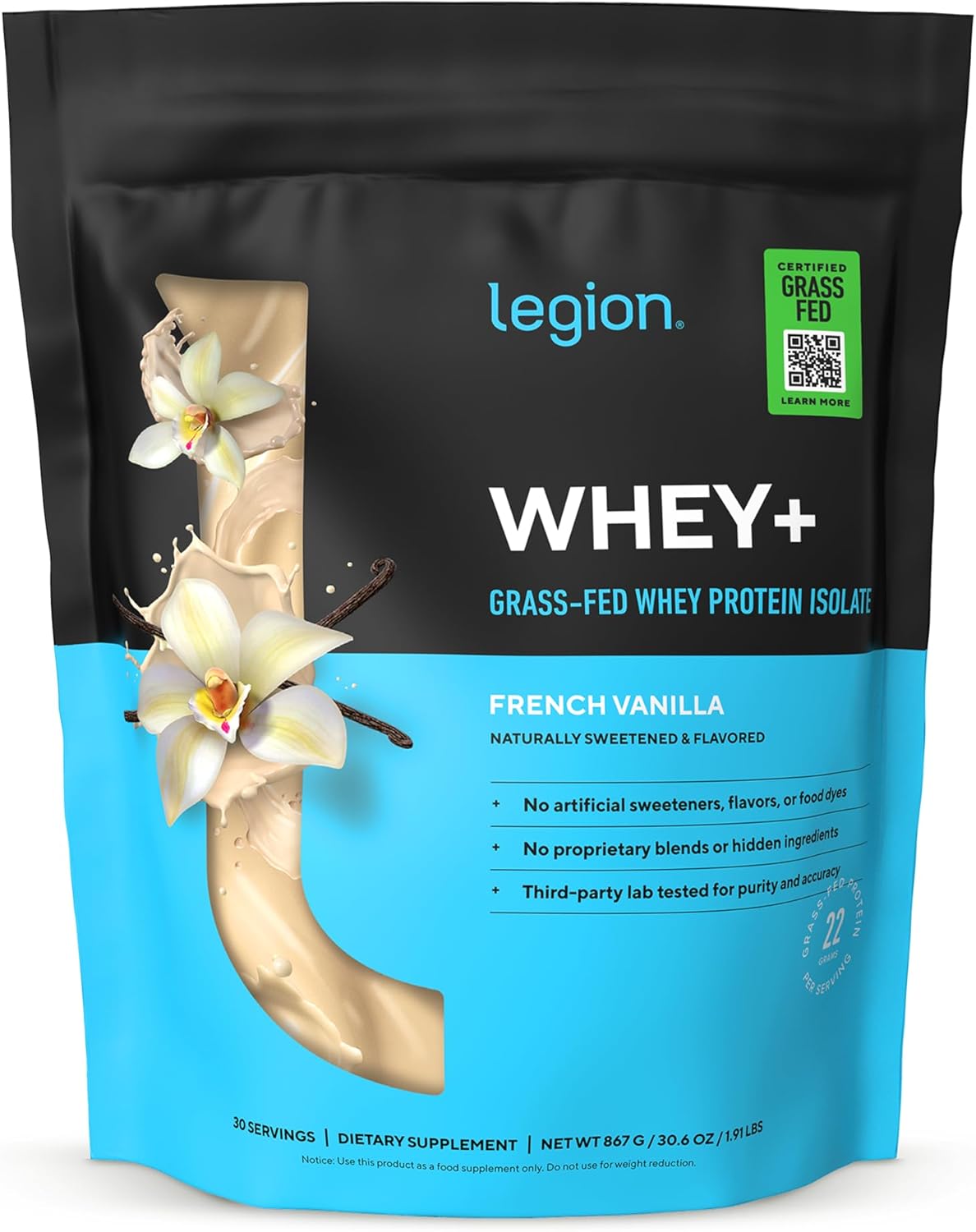 پودر پروتئین وی ایزوله لژیون مدل Whey+، ۳۰ سروینگ، طعم وانیل فرانسوی، بدون شکر