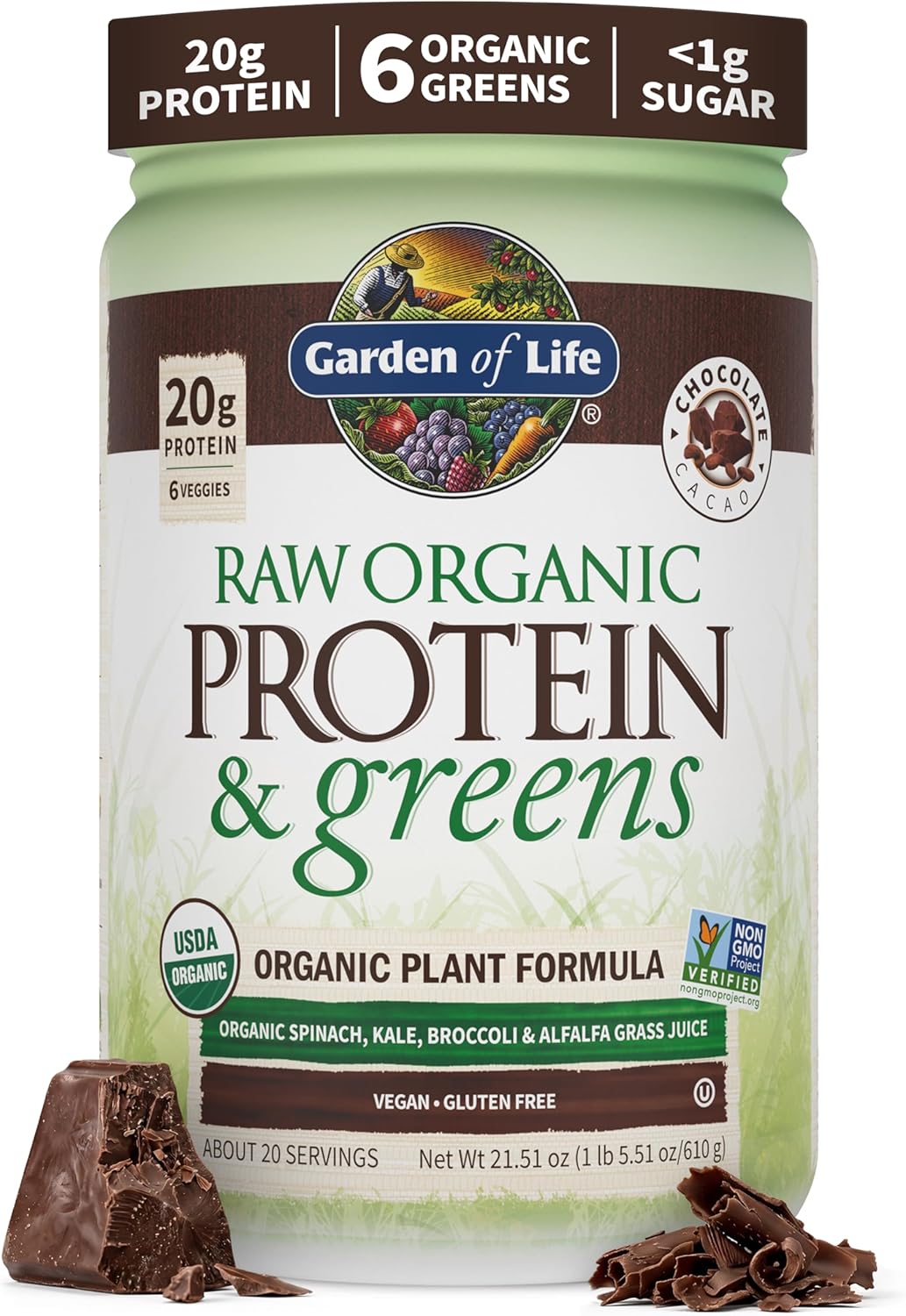 پودر پروتئین گیاهی گاردن آو لایف مدل Raw Organic Protein، ۲۰ سروینگ، طعم شکلاتی، کربوهیدرات کم