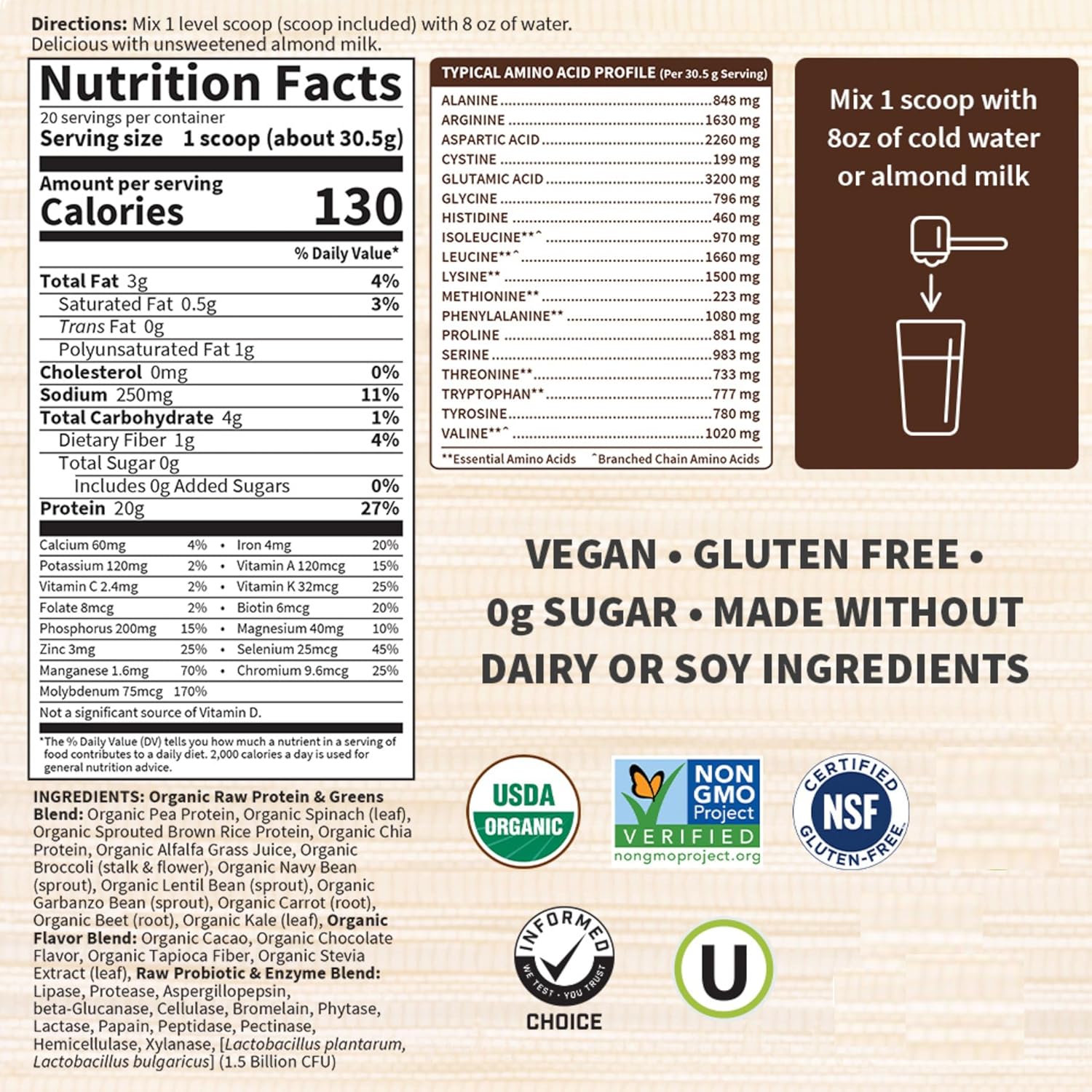 پودر پروتئین گیاهی گاردن آو لایف مدل Raw Organic Protein، ۲۰ سروینگ، طعم شکلاتی، کربوهیدرات کم