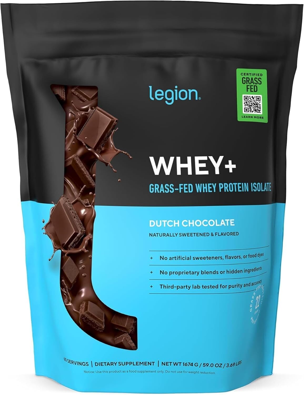پودر پروتئین وی ایزوله لژیون مدل Whey+، بدون شکر، ۶۰ سروینگ و طعم شکلات