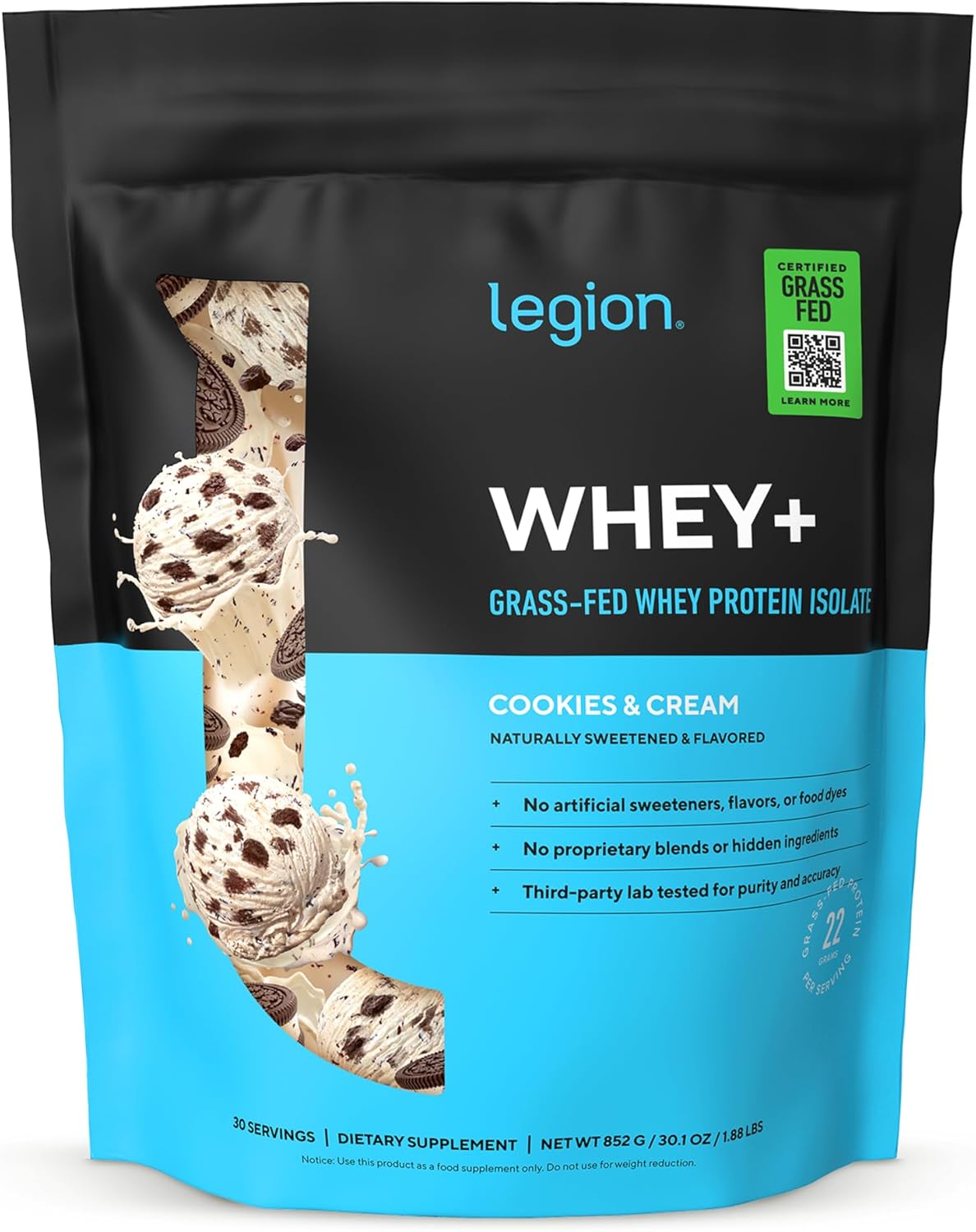 پودر پروتئین وی ایزوله لژیون مدل Whey+، بدون شکر، ۳۰ سروینگ و طعم کوکی و کرم