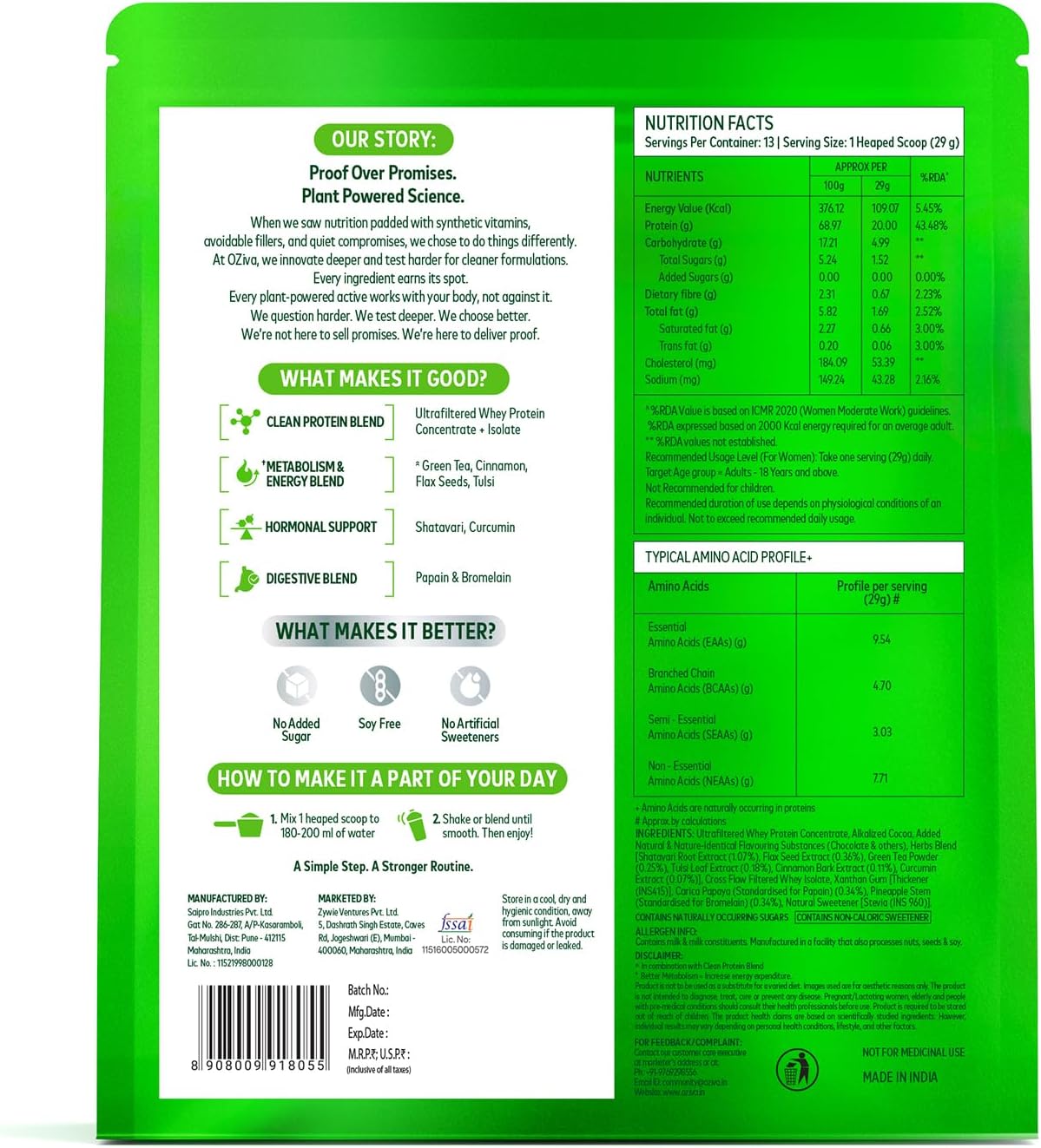 پودر پروتئین وی اوزیوا مدل Protein & Herbs، بدون شکر افزوده، ۵۰۰ گرم و طعم شکلات