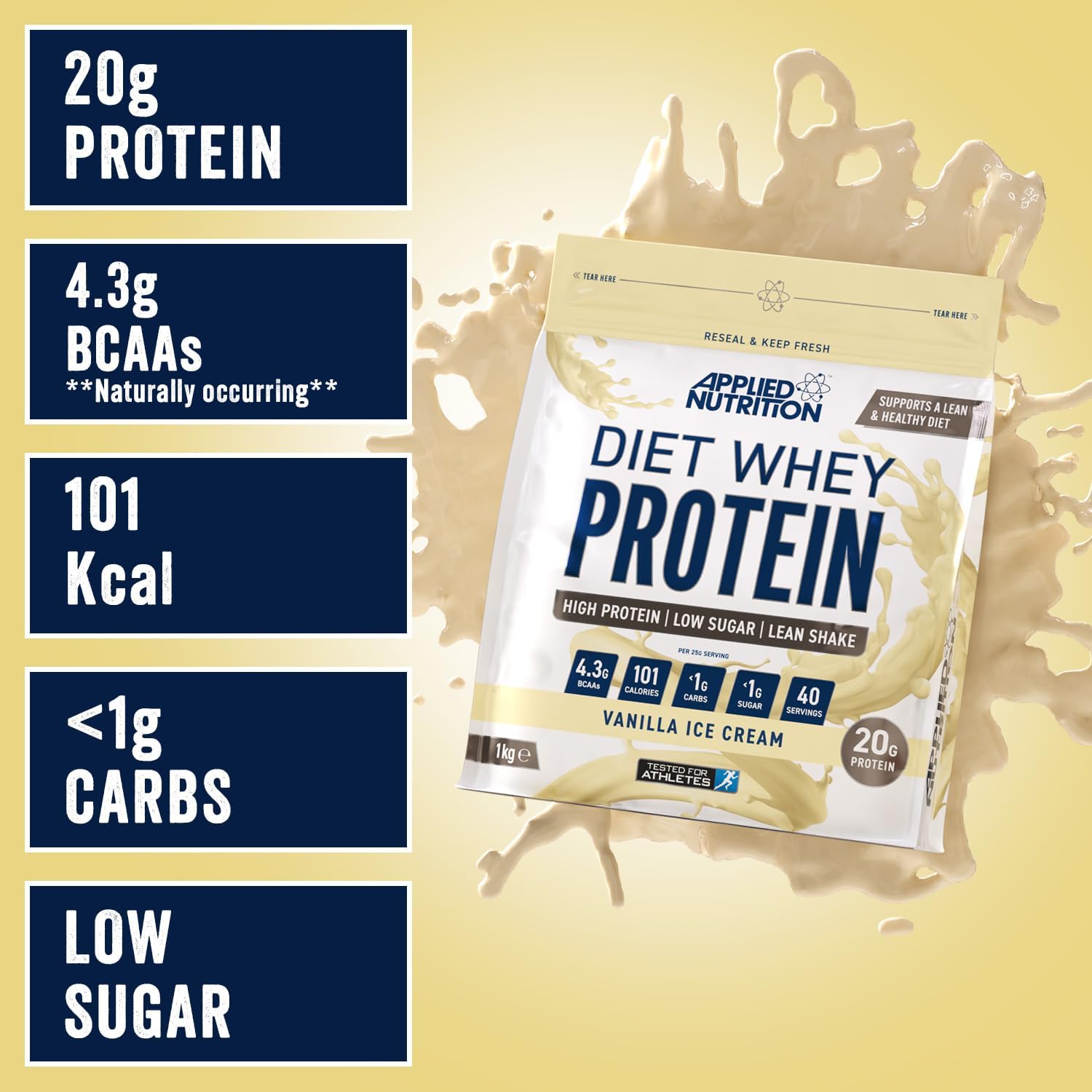 پودر پروتئین وی اپلاید نوتریشن مدل Diet Whey، ۱ کیلوگرم، طعم بستنی وانیلی، کربوهیدرات کم