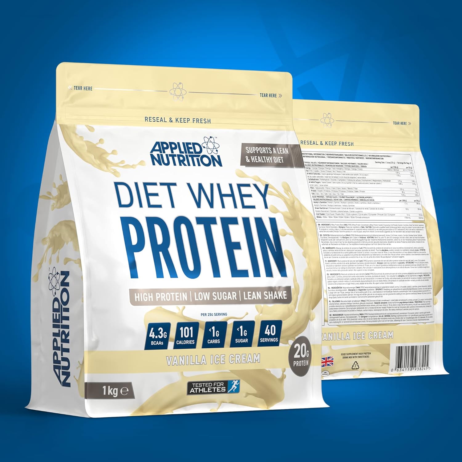پودر پروتئین وی اپلاید نوتریشن مدل Diet Whey، ۱ کیلوگرم، طعم بستنی وانیلی، کربوهیدرات کم