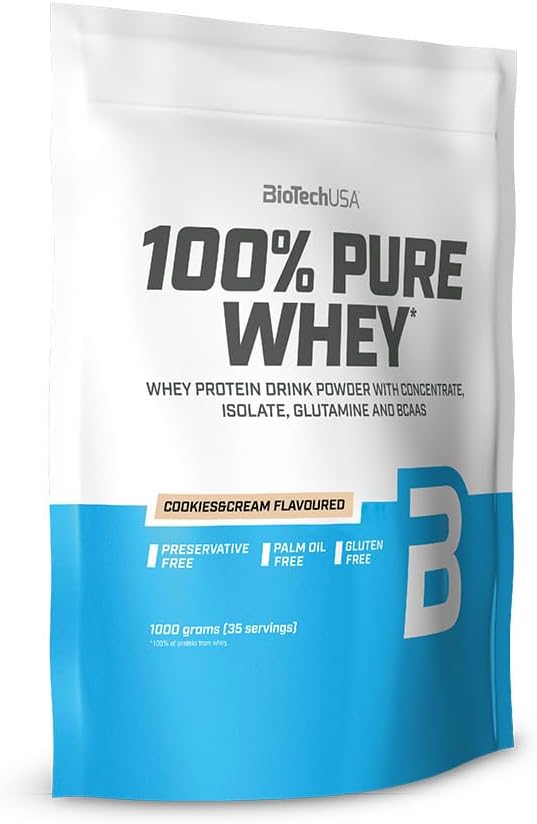 پودر پروتئین وی بایوتک یو‌اس‌ای مدل 100% Pure Whey، ۲۱ گرم پروتئین در هر سروینگ، ۱ کیلوگرم، طعم کوکیز و کرم