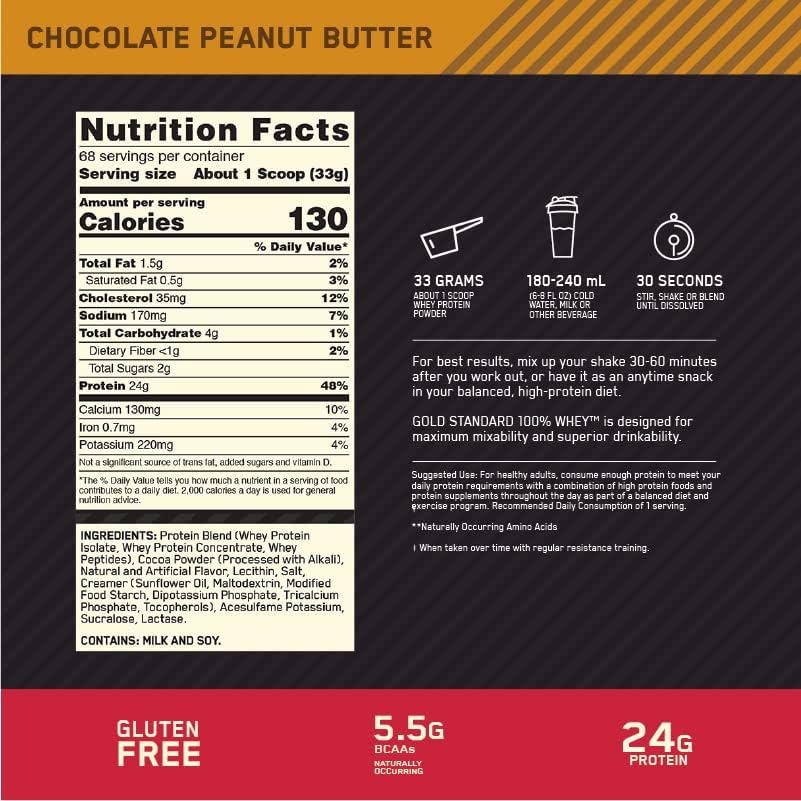 پودر پروتئین وی اپتیموم نوتریشن مدل Gold Standard 100% Whey، ۲٫۲۷ کیلوگرم، طعم شکلات و کره بادام‌زمینی، بدون گلوتن