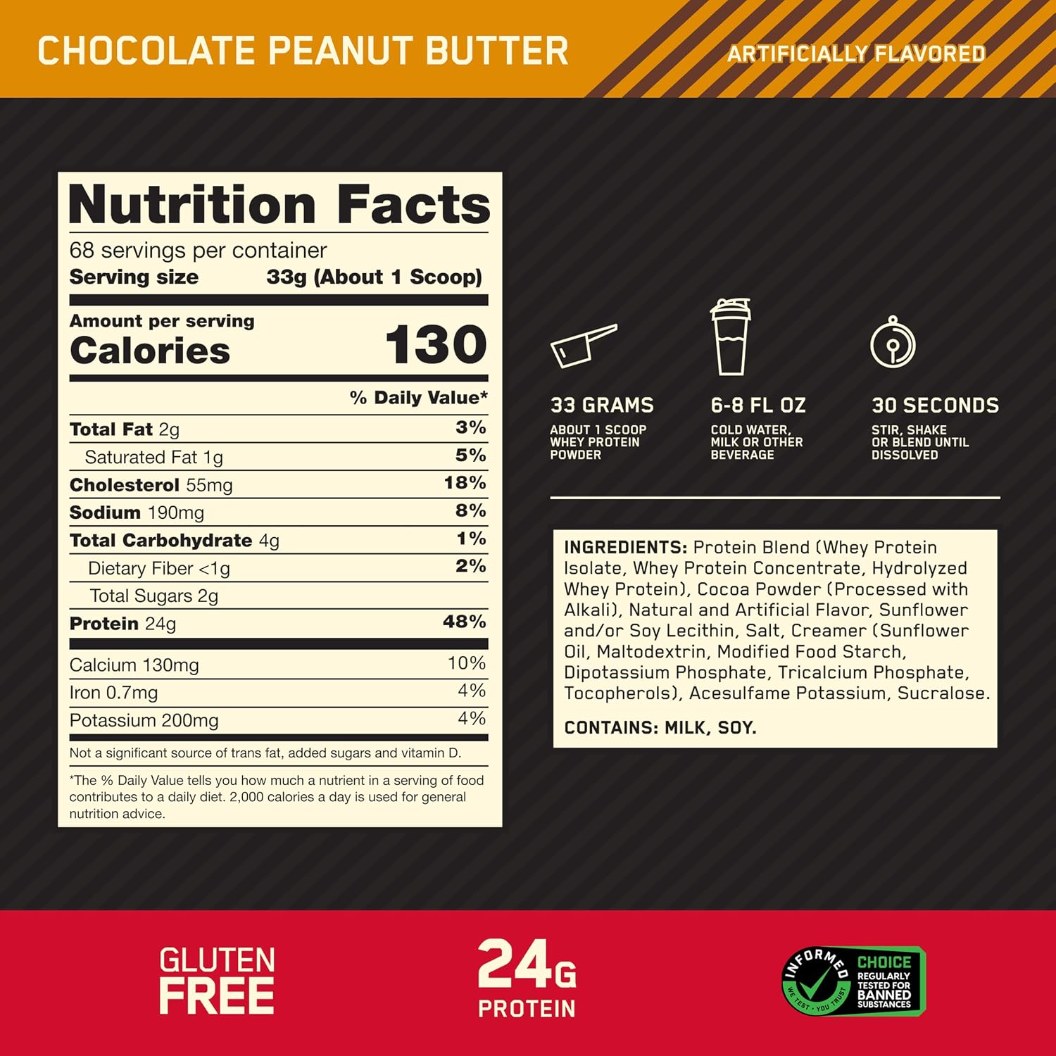 پودر پروتئین وی اپتیموم نوتریشن مدل Gold Standard 100% Whey، ۲٫۲۷ کیلوگرم، طعم شکلات و کره بادام‌زمینی، بدون گلوتن