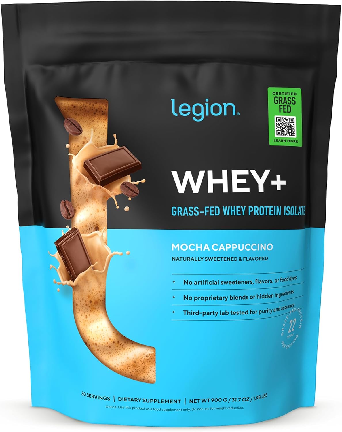 پودر پروتئین وی ایزوله لژیون مدل Whey+، بدون شکر، ۳۰ سروینگ و طعم موکا کاپوچینو