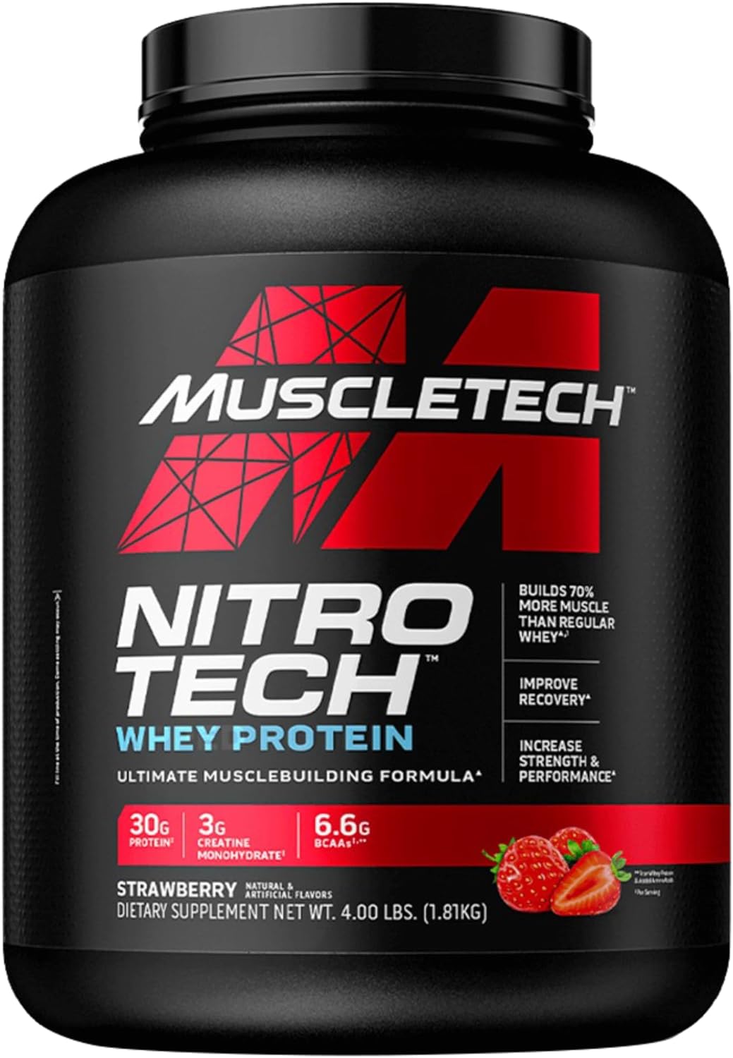 پودر پروتئین وی ایزوله ماسلتک مدل Nitro-Tech، ۱٫۸۱ کیلوگرم، طعم توت‌فرنگی، حاوی BCAA