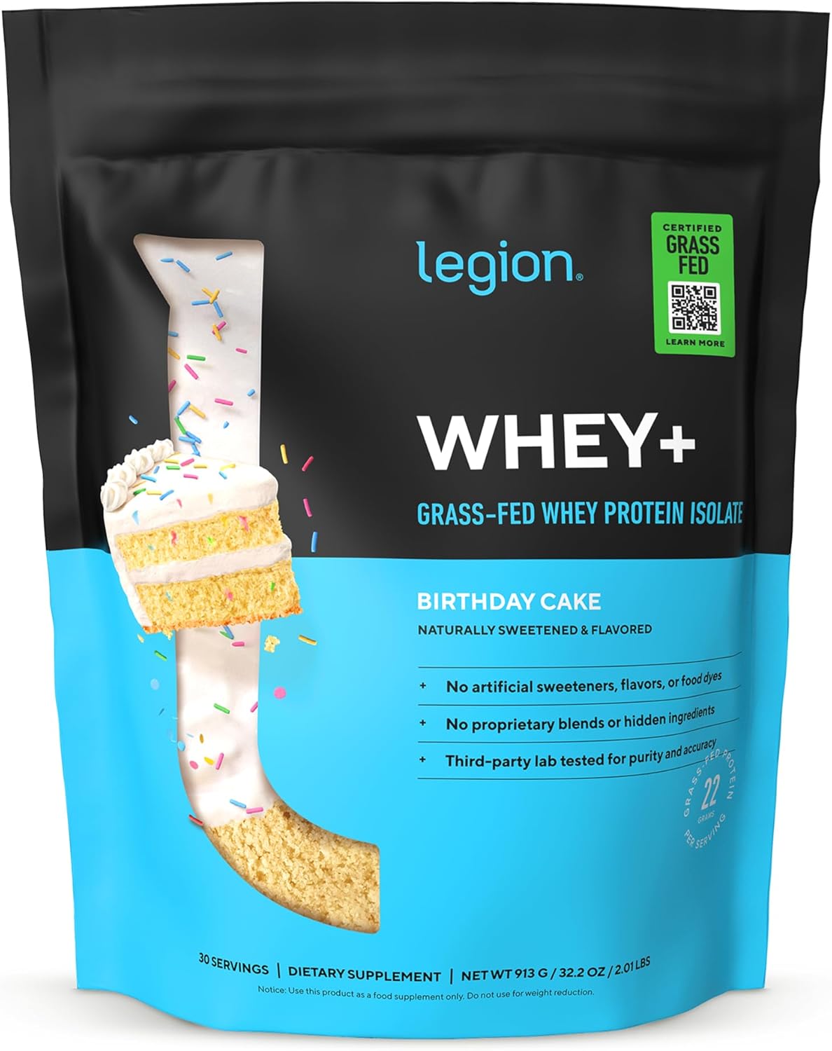 پودر پروتئین وی ایزوله لژیون مدل Whey+، ۳۰ سروینگ، طعم کیک تولد، بدون شکر