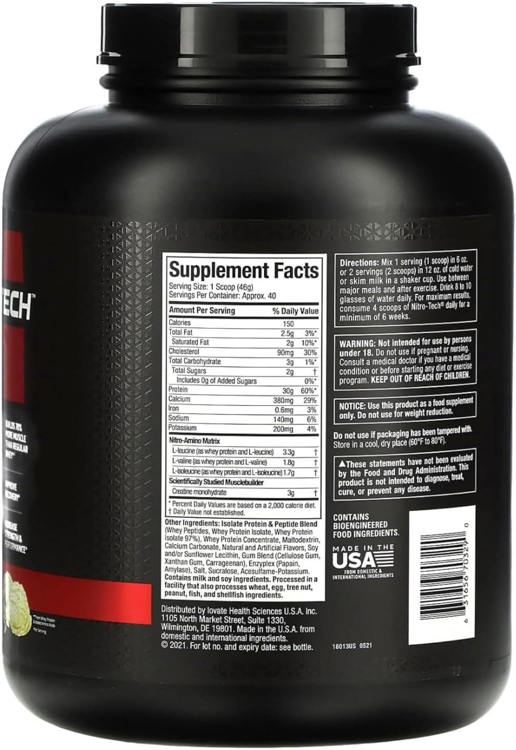 پودر پروتئین وی ایزوله ماسلتک مدل NitroTech، ۱٫۸۱ کیلوگرم، طعم کرم وانیل، حاوی BCAA