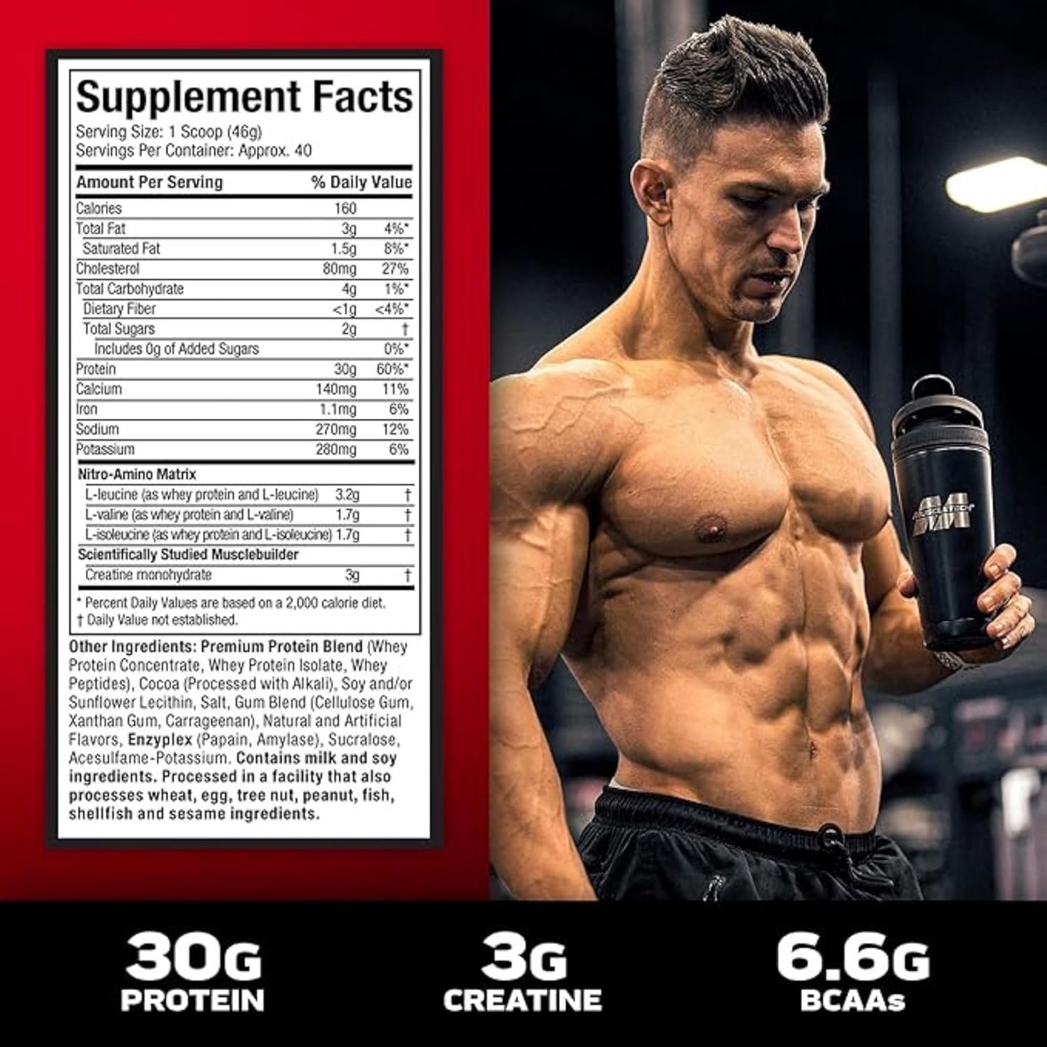 پودر پروتئین وی ایزوله ماسلتک مدل NitroTech، ۱٫۸۱ کیلوگرم، طعم کرم وانیل، حاوی BCAA