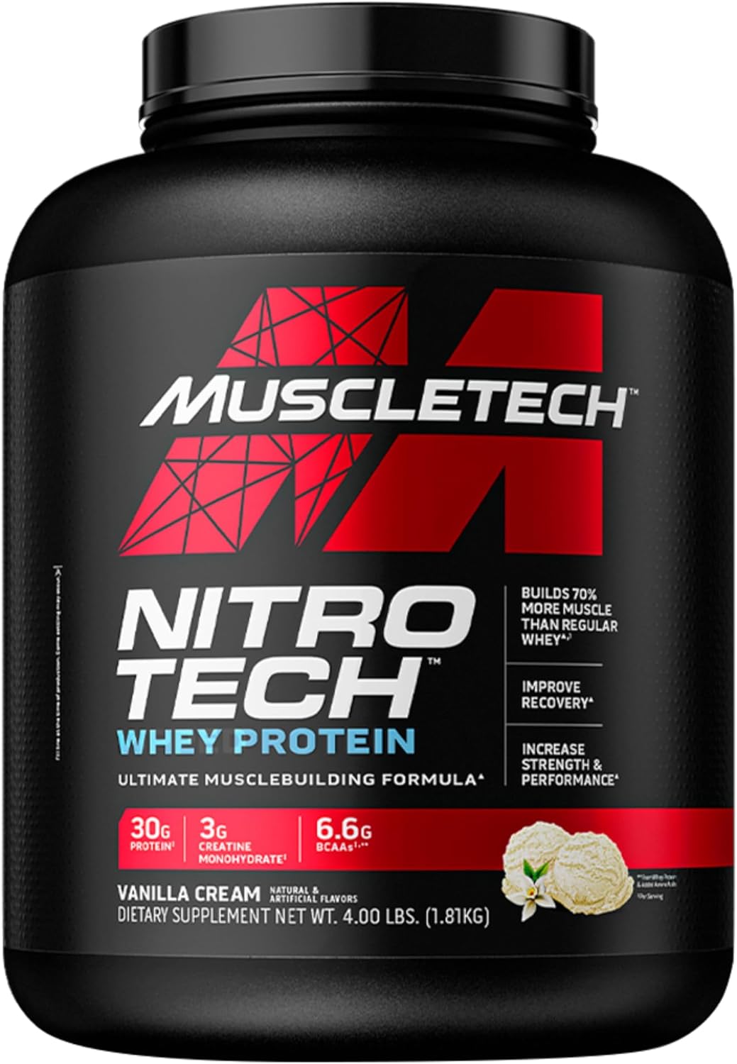پودر پروتئین وی ایزوله ماسلتک مدل NitroTech، ۱٫۸۱ کیلوگرم، طعم کرم وانیل، حاوی BCAA