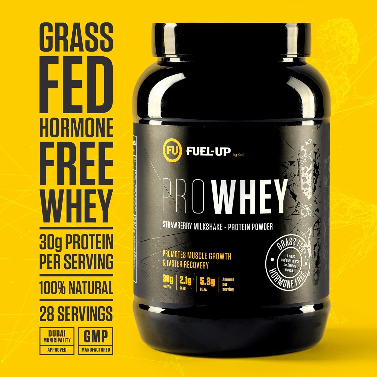 پودر پروتئین وی فیول‌آپ مدل Pro Whey، ۳۰ گرم پروتئین، ۹۰۷ گرم و طعم میلک‌شیک توت‌فرنگی