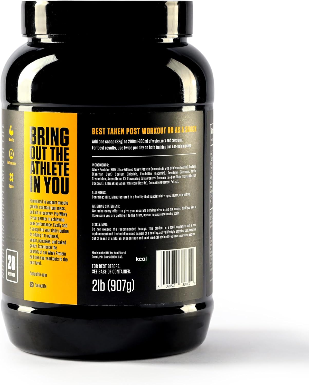 پودر پروتئین وی فیول‌آپ مدل Pro Whey، ۳۰ گرم پروتئین، ۹۰۷ گرم و طعم میلک‌شیک توت‌فرنگی