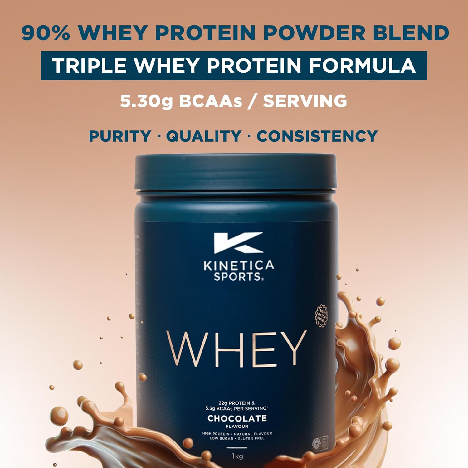 پودر پروتئین وی کینتیکا مدل Sports Whey، ۲۳ گرم پروتئین، بدون شکر افزوده، ۱ کیلوگرم و طعم شکلات