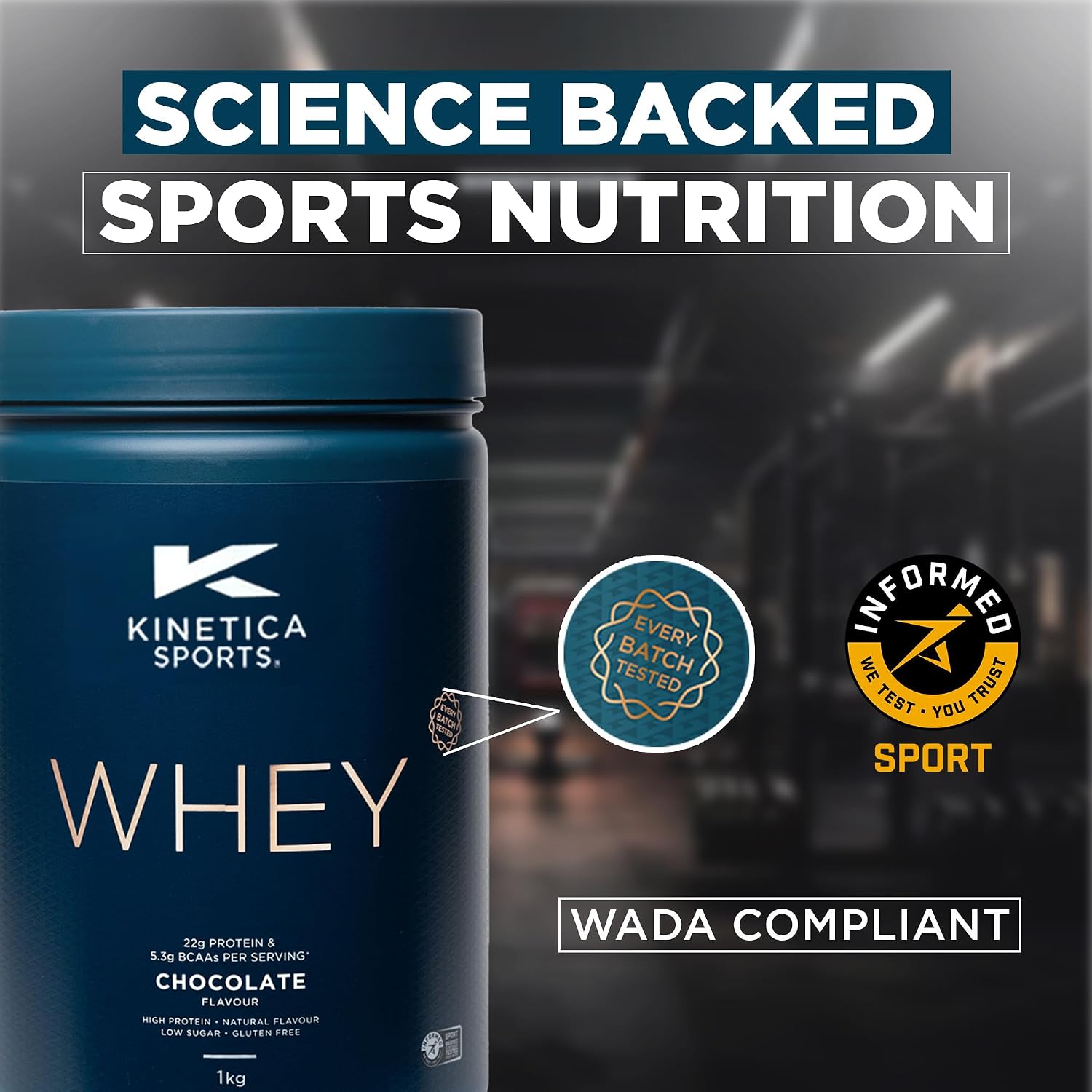 پودر پروتئین وی کینتیکا مدل Sports Whey، ۲۳ گرم پروتئین، بدون شکر افزوده، ۱ کیلوگرم و طعم شکلات