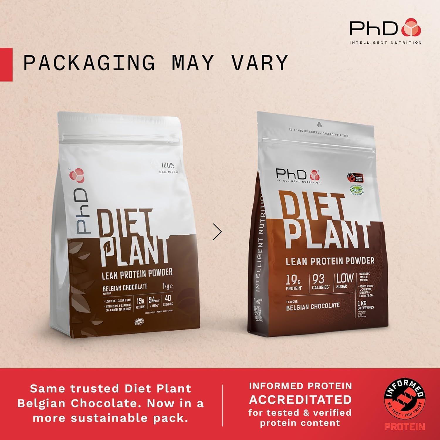 پودر پروتئین گیاهی پی‌اچ‌دی مدل Diet Plant، ۱ کیلوگرم، ۴۰ سروینگ، طعم شکلاتی