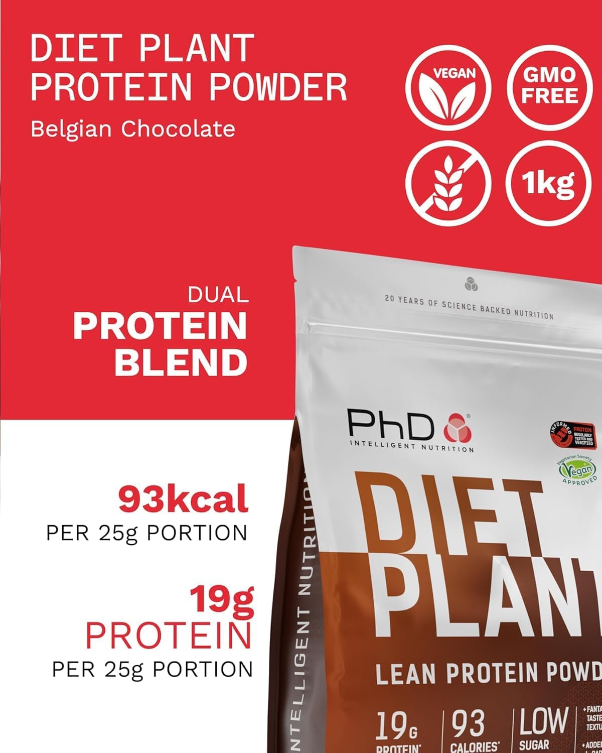 پودر پروتئین گیاهی پی‌اچ‌دی مدل Diet Plant، ۱ کیلوگرم، ۴۰ سروینگ، طعم شکلاتی