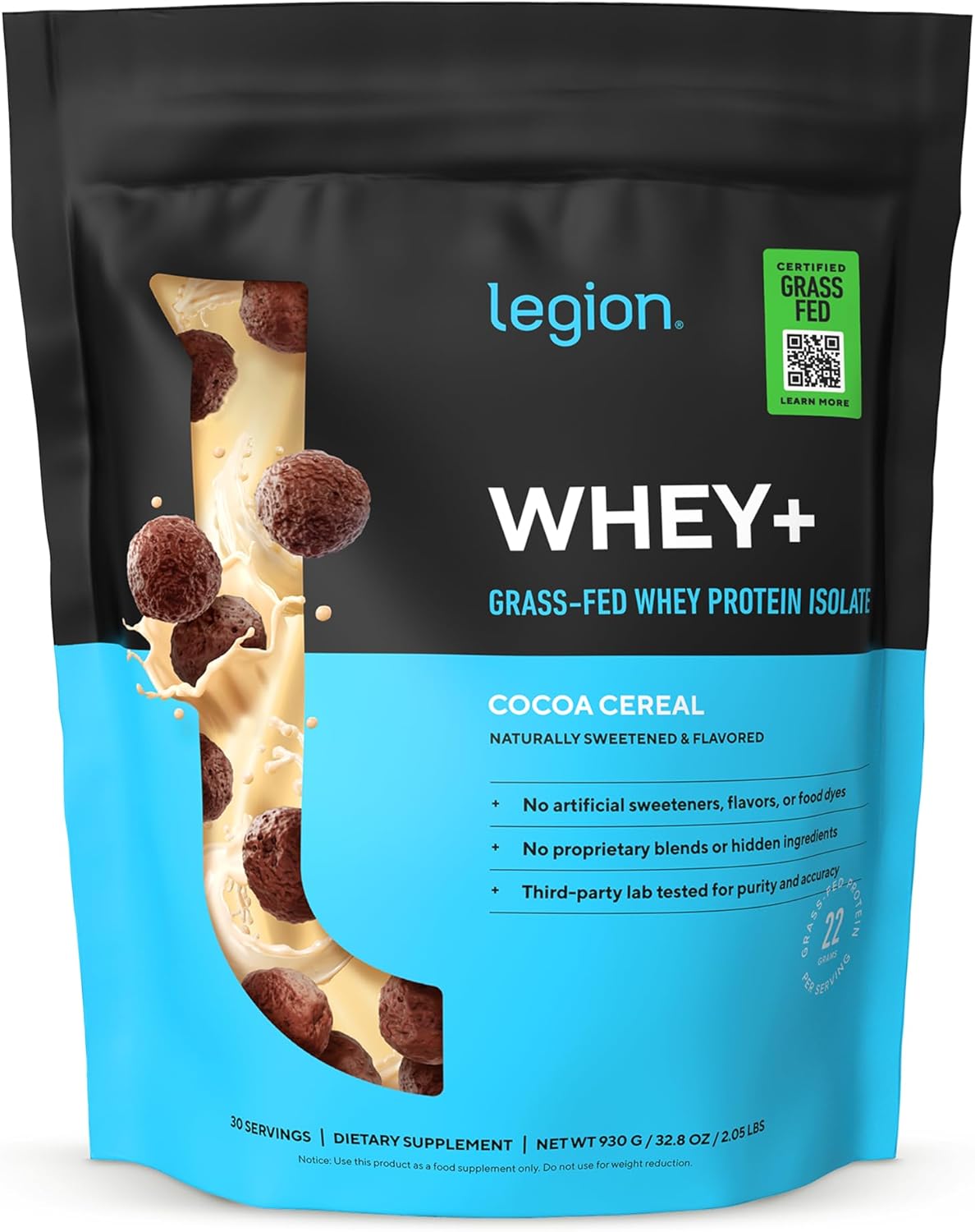 پودر پروتئین وی ایزوله لژیون مدل Whey+، ۳۰ سروینگ، طعم غلات کاکائویی، بدون شکر
